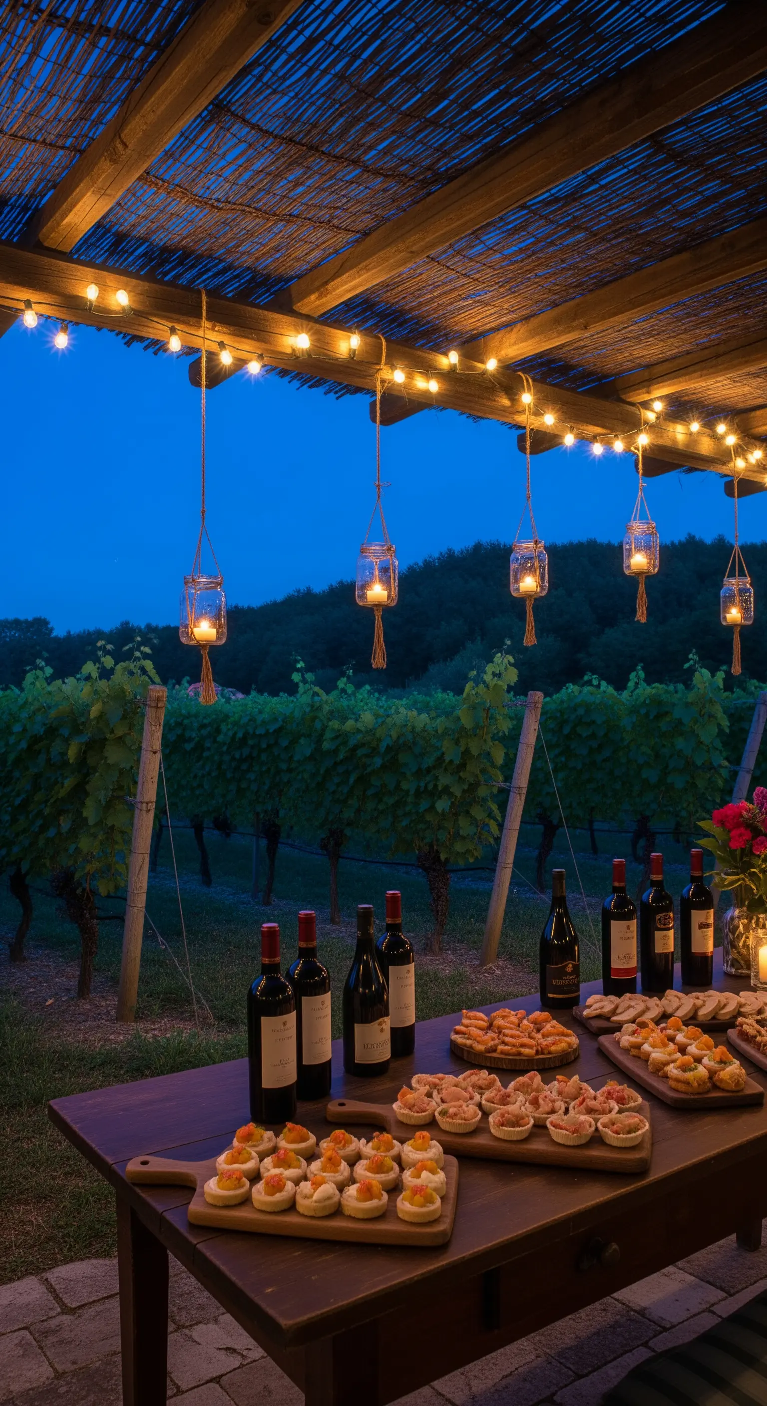 Weinberg-Tafel, Lichterketten, hängende Windlichter, Weine und Vorspeisen