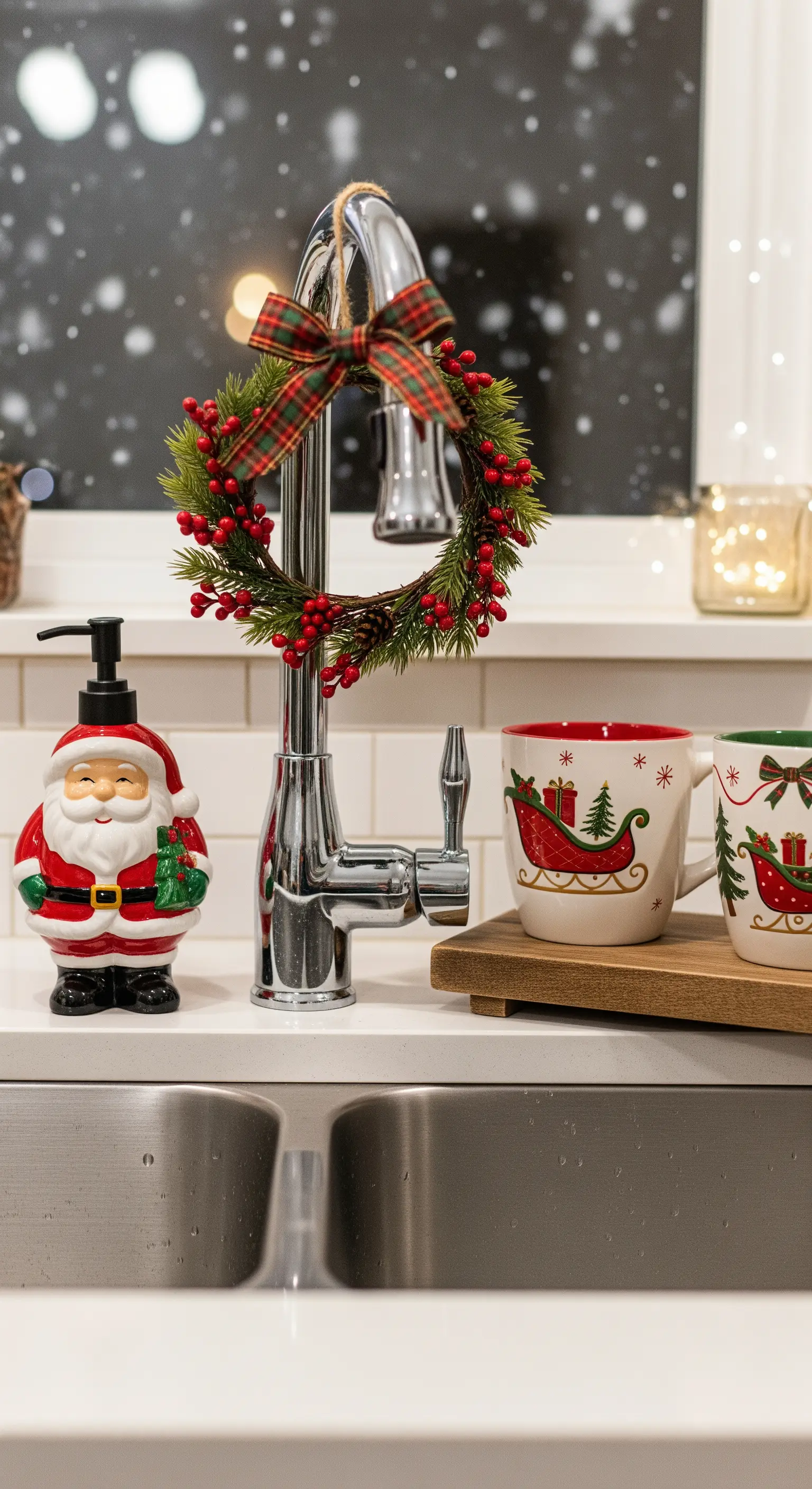 Küchenspüle mit Mini-Kranz am Wasserhahn, Santa-Seifenspender und festlichen Tassen