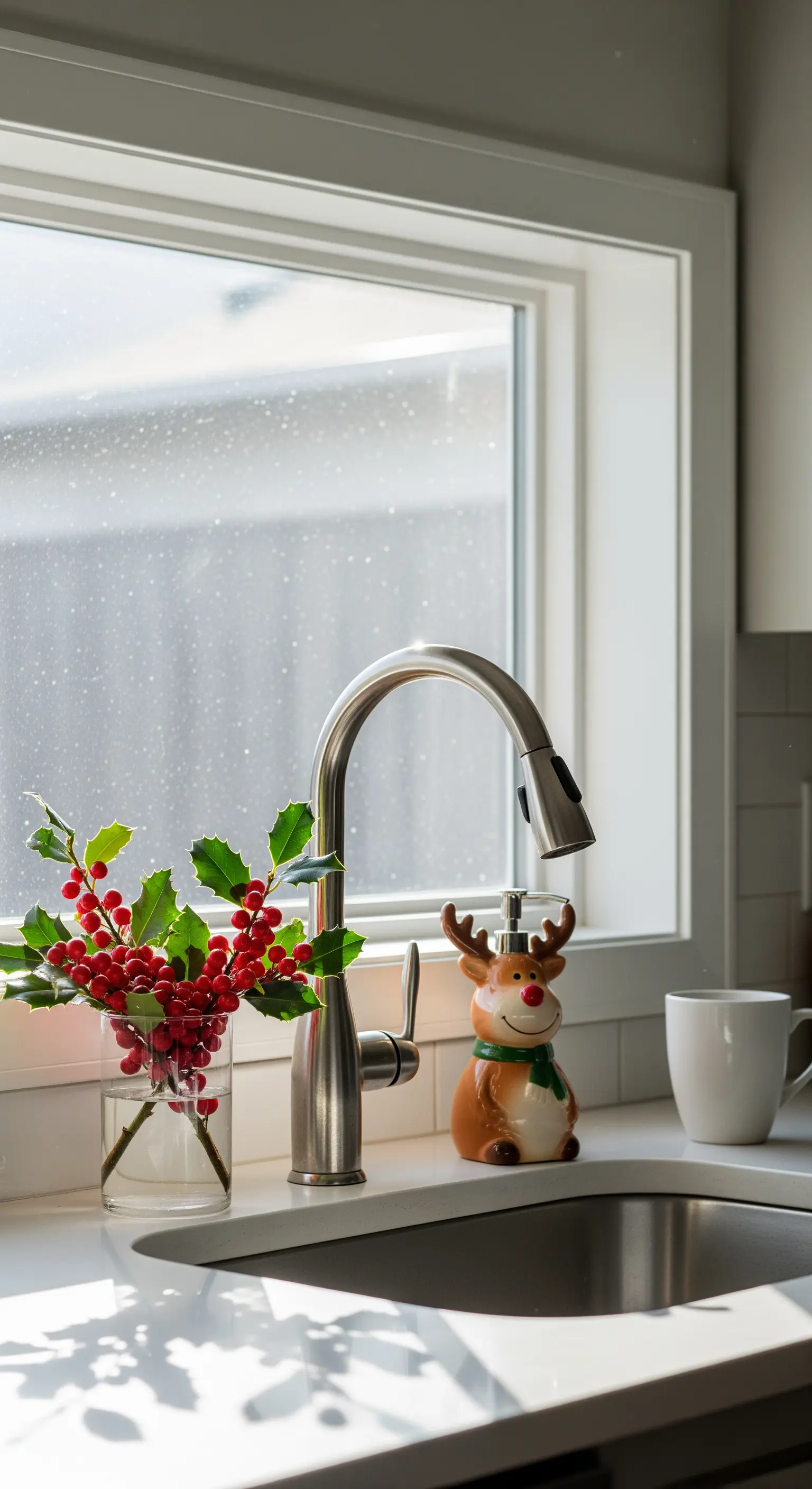 Spülbeckenbereich mit roten Beeren und Rentier-Seifenspender.