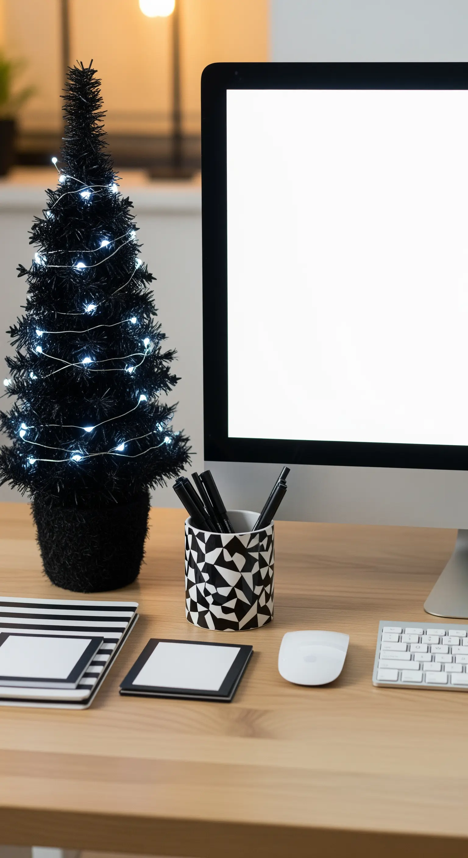 Schreibtisch mit kleinem schwarzen Weihnachtsbaum und weißer Lichterkette.