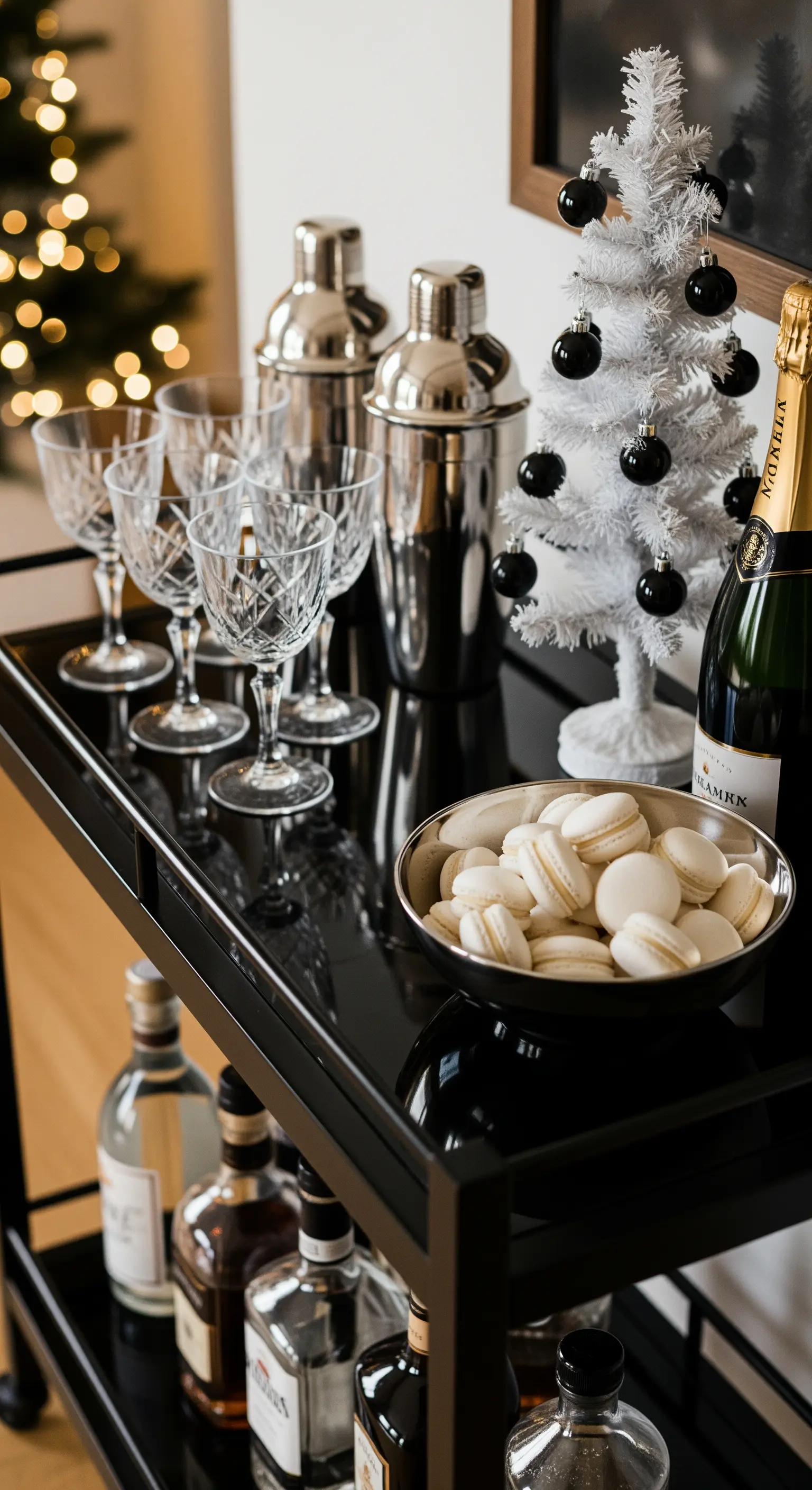 Barwagen mit weißem Mini-Weihnachtsbaum, schwarzen Kugeln und Gläsern.