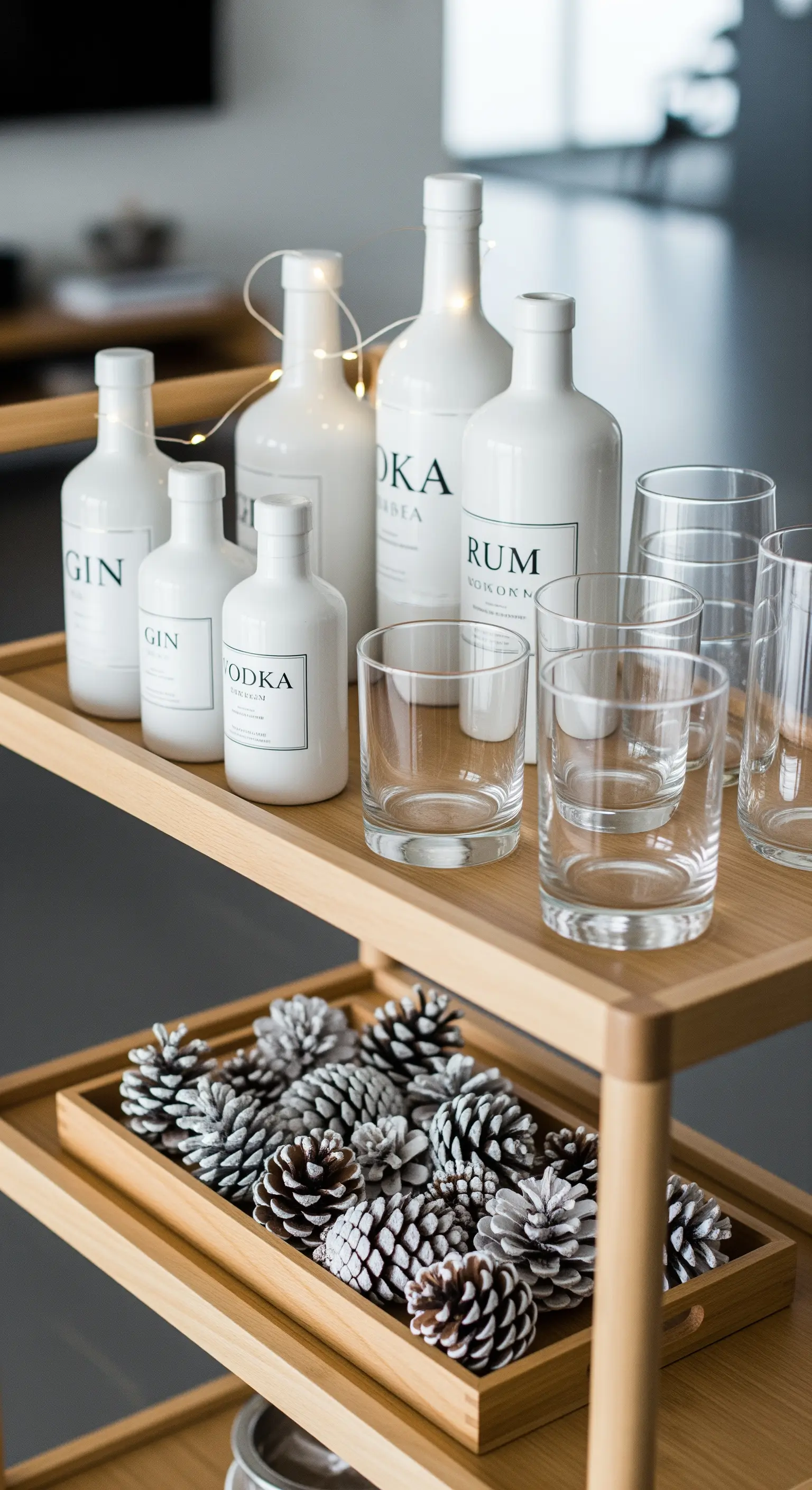 Barwagen mit Flaschen, Gläsern und Tablett mit gefrosteten Zapfen