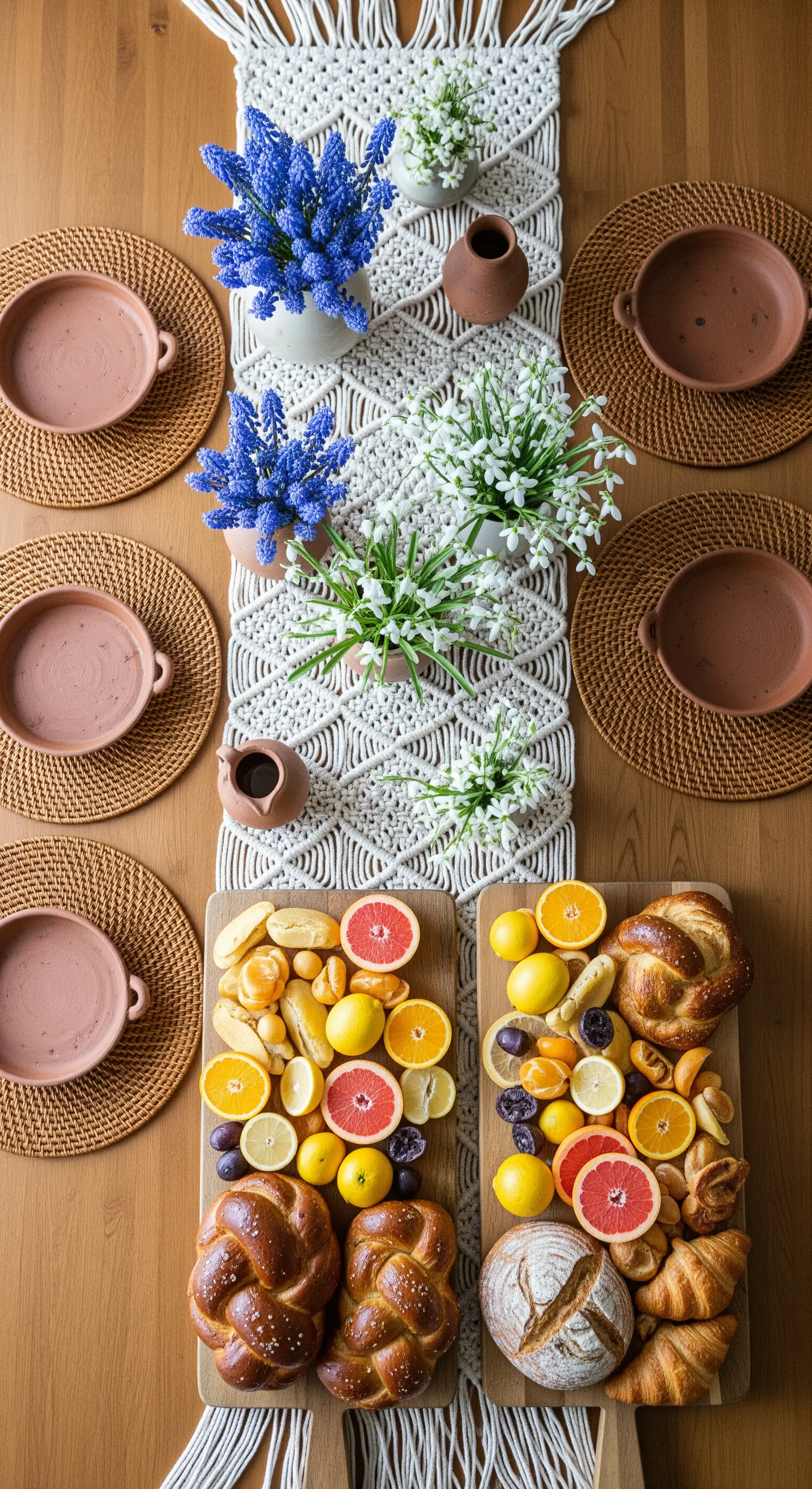 Frühlings-Brunchtisch mit Macramee, Rattan, Keramik und Blumen