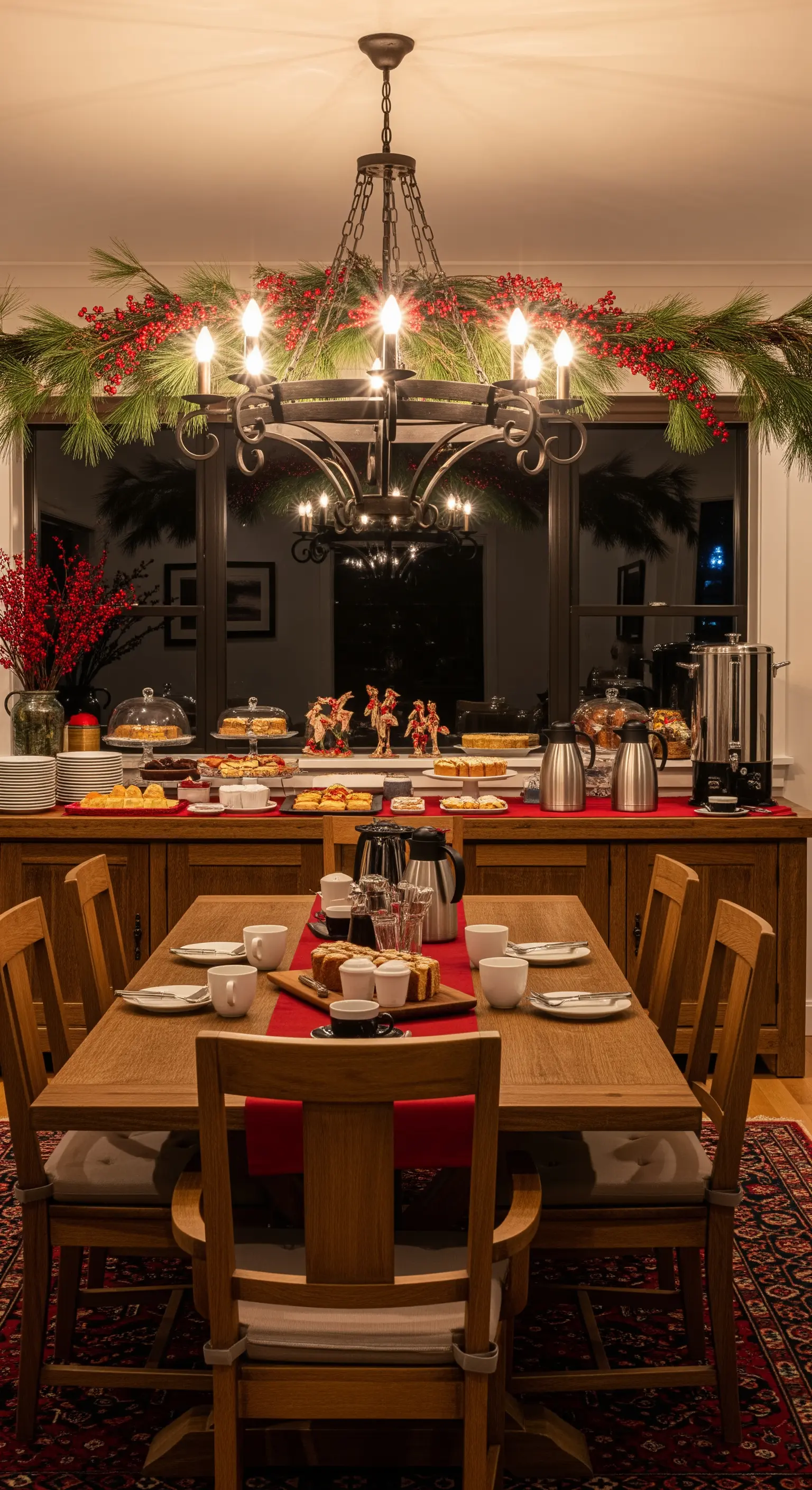 Festlicher Essbereich mit Tannengirlande, Holztisch und Kuchenbuffet