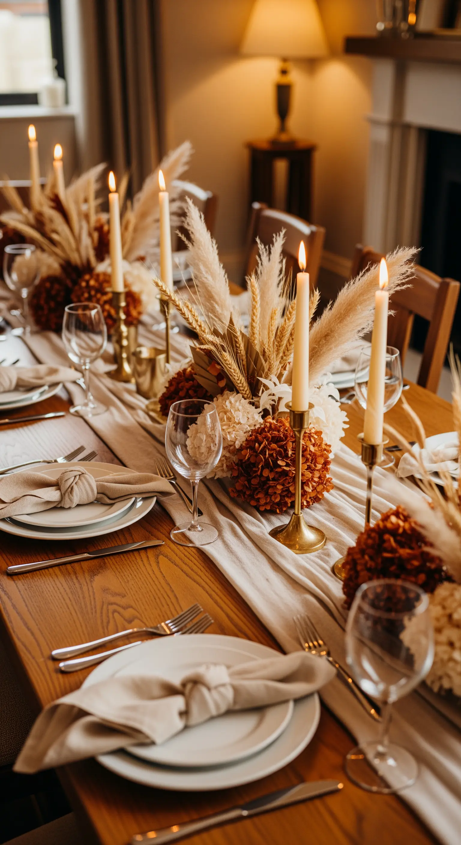 Herbst Esstischdeko mit Pampasgras, Kerzen, Boho-Chic