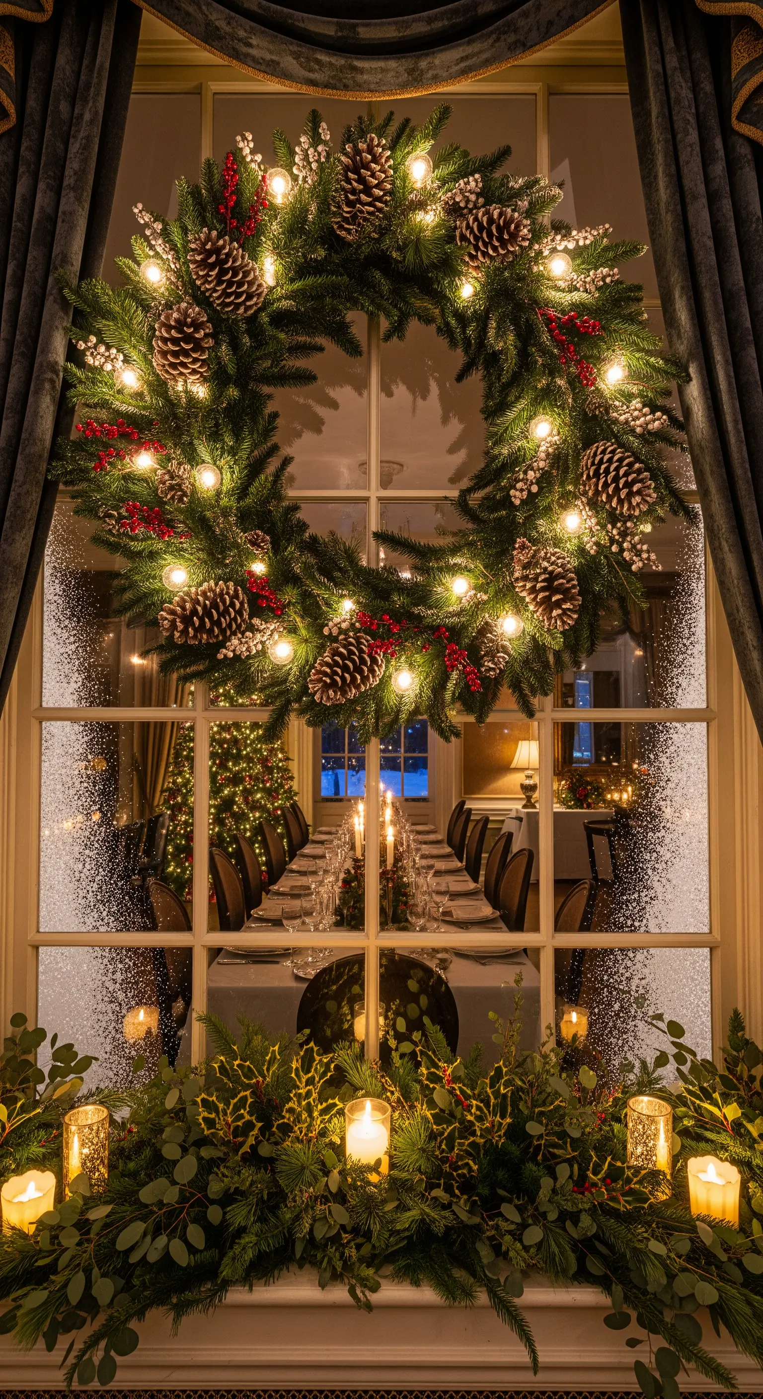 Großer, beleuchteter Weihnachtskranz im Fenster, darunter Grünzweige und Kerzen in Glasgefäßen