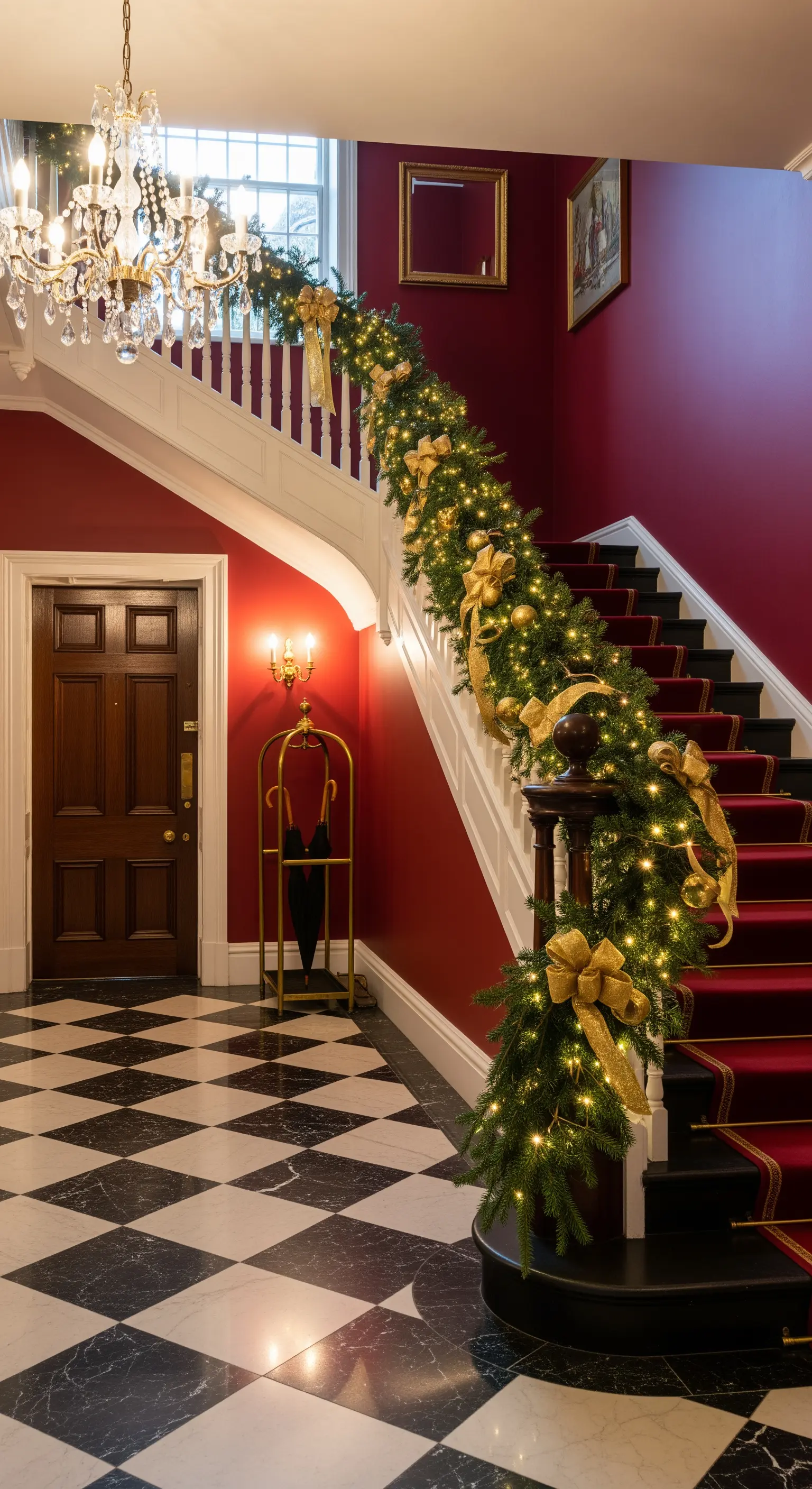Prächtiger Treppenaufgang mit rotem Teppich, goldener Weihnachtsdekoration und Kronleuchter