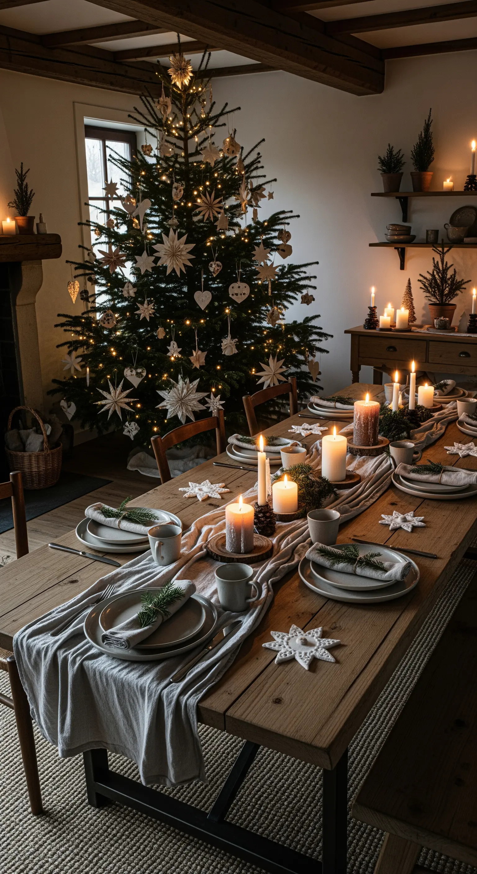 Festliche Tafel mit Kerzen, Leinentischläufer, Geschirr in Erdtönen, Weihnachtsbaum im Hintergrund.
