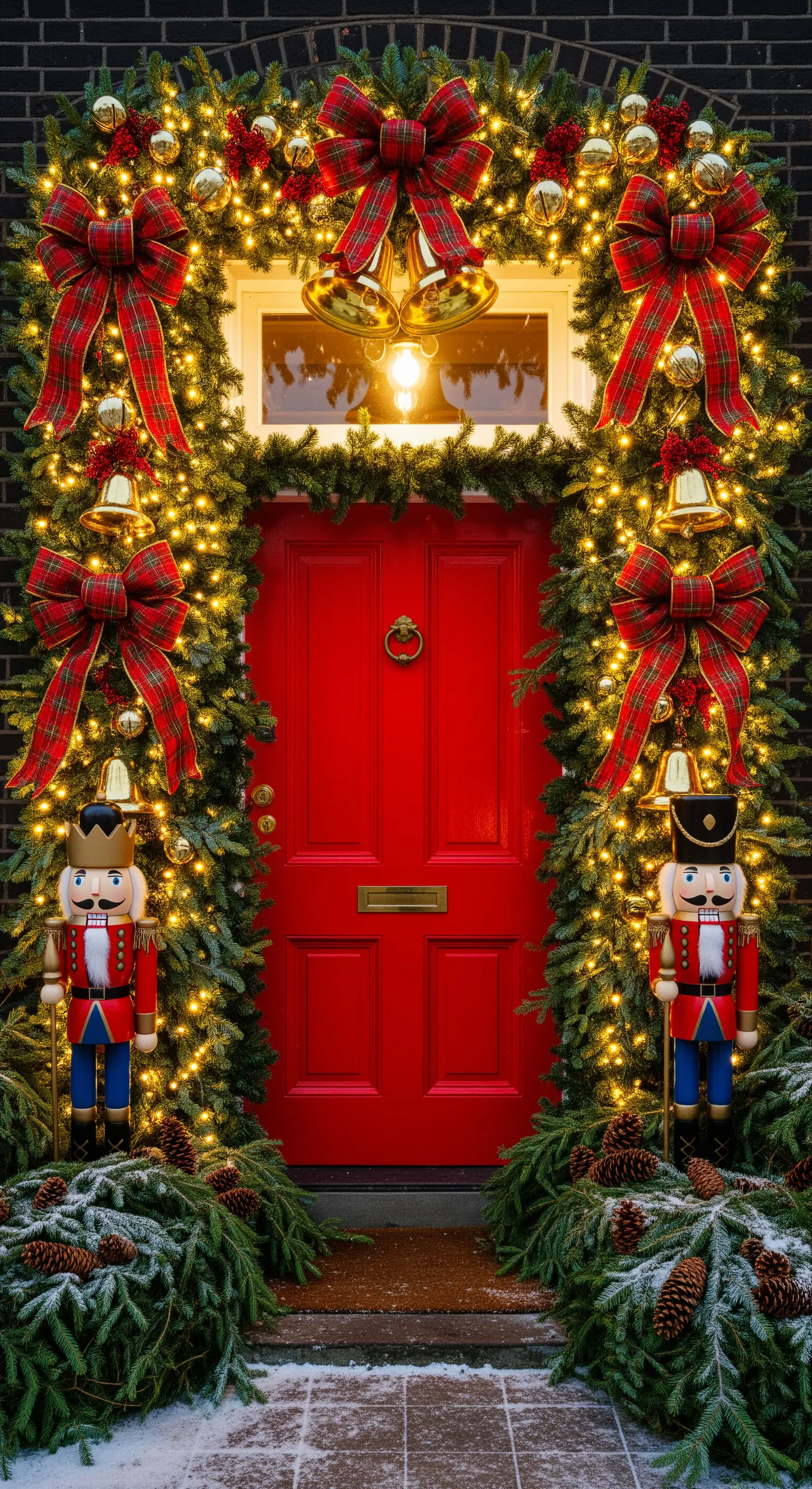 Rote Tür mit Tannengirlanden, Lichterketten, roten Schleifen und Nussknackerfiguren.