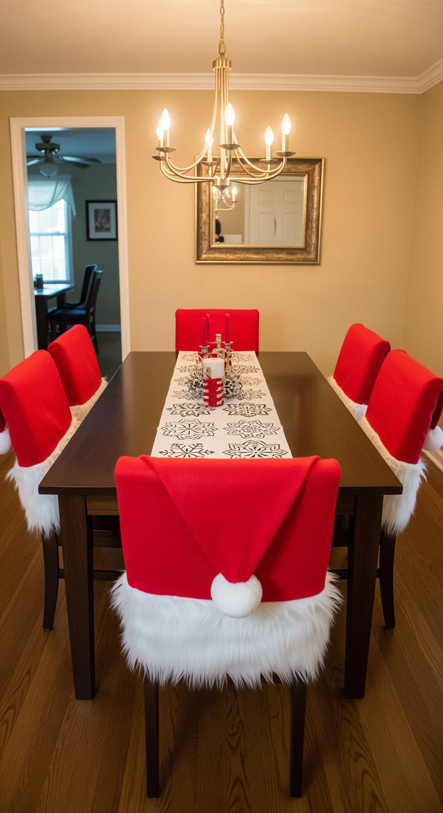 Esszimmerstühle mit Weihnachtsmützen-Bezügen und Schneeflocken-Tischläufer