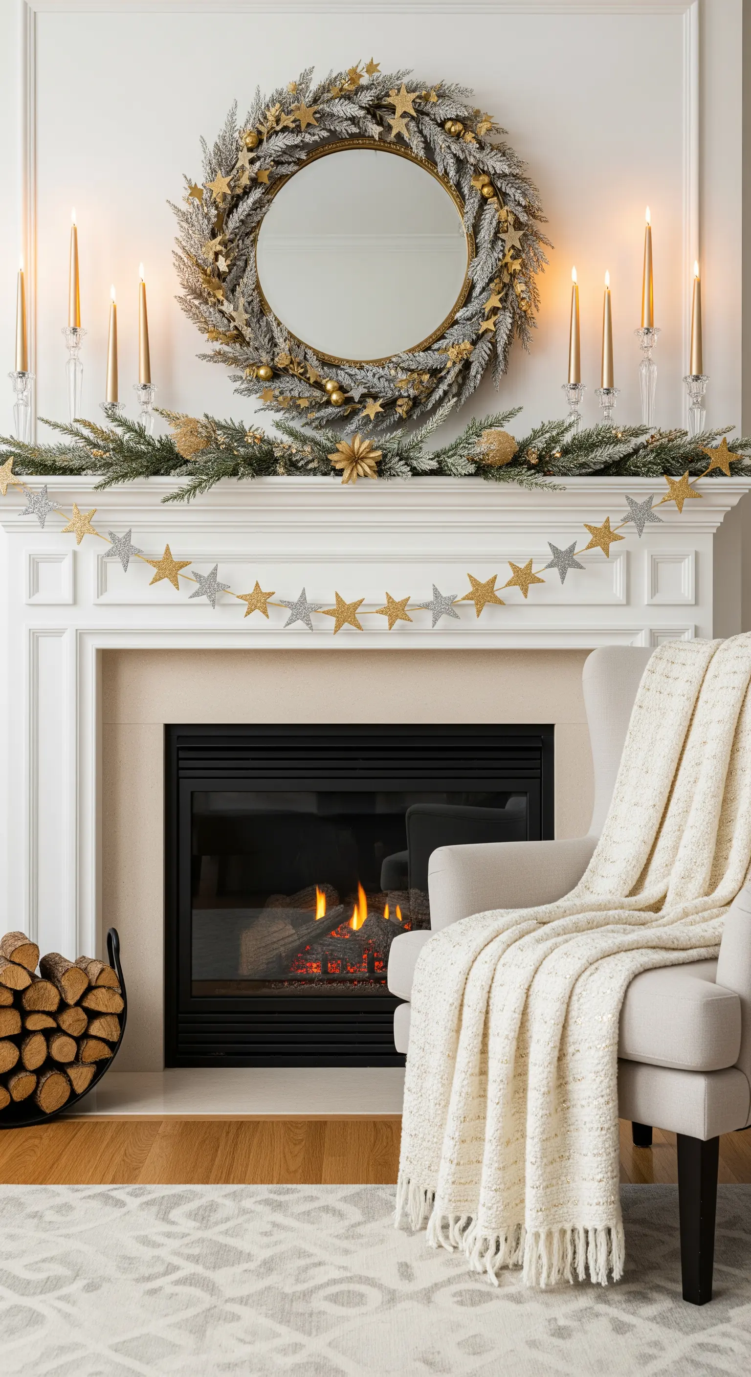 Weißer Kamin mit einem großen Weihnachtskranz, goldenen Kerzen und einer Sternengirlande.