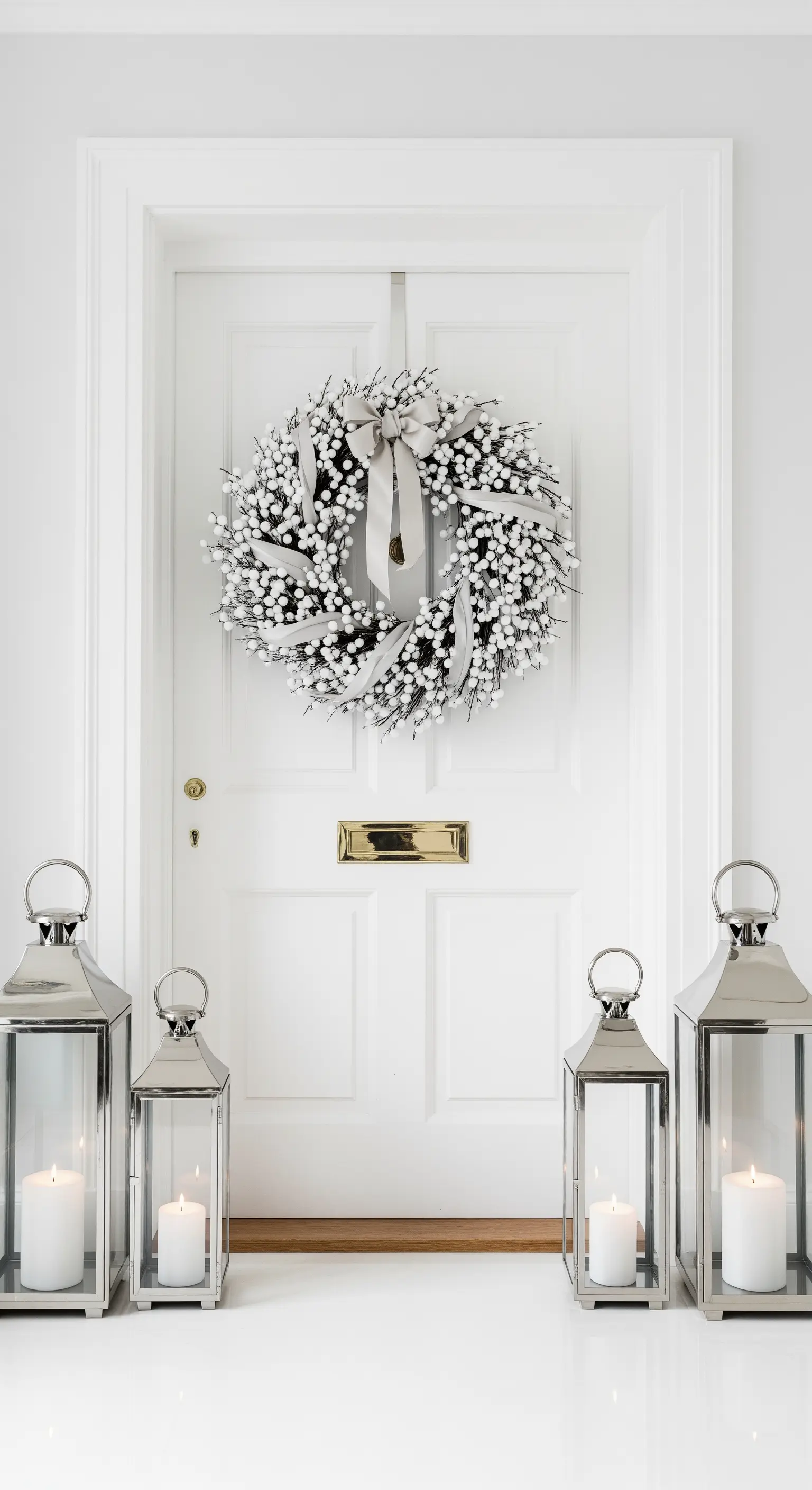 Weiße Tür mit Beerenkranz und großen silbernen Laternen.