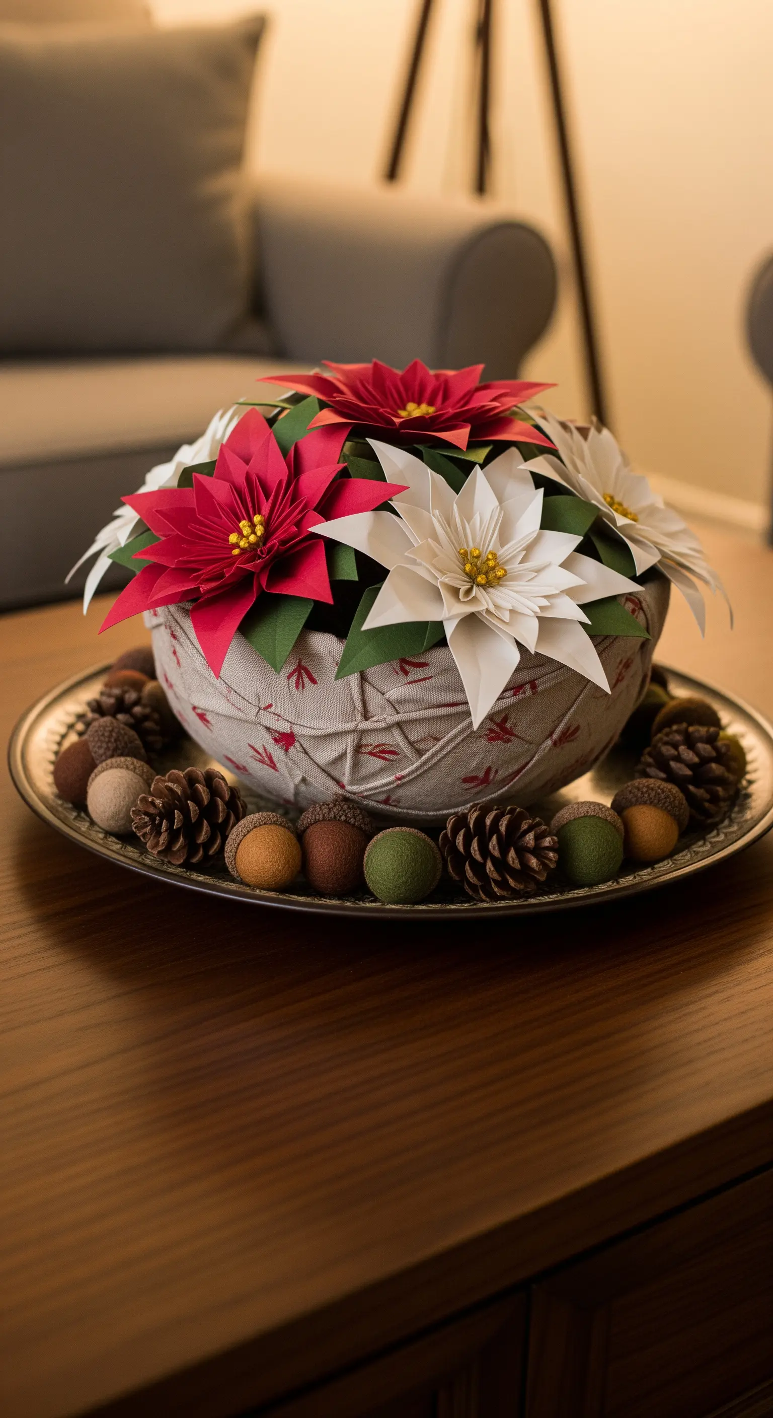 Schale mit Papier-Weihnachtssternen, Tannenzapfen und Filz-Eicheln auf Tablett