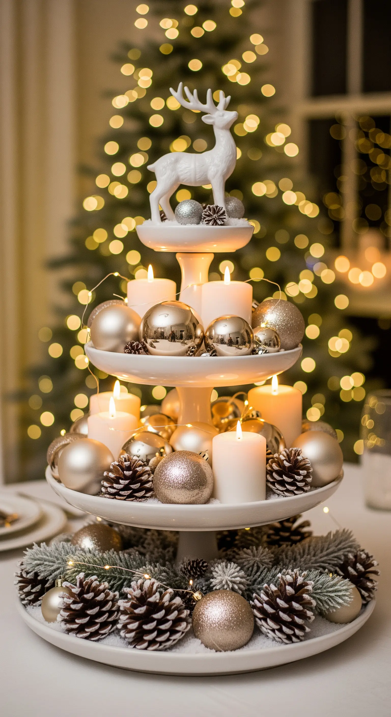 Weiße dreistöckige Etagere als Adventskranz-Alternative, dekoriert mit Kerzen, Kugeln und Tannenzapfen.