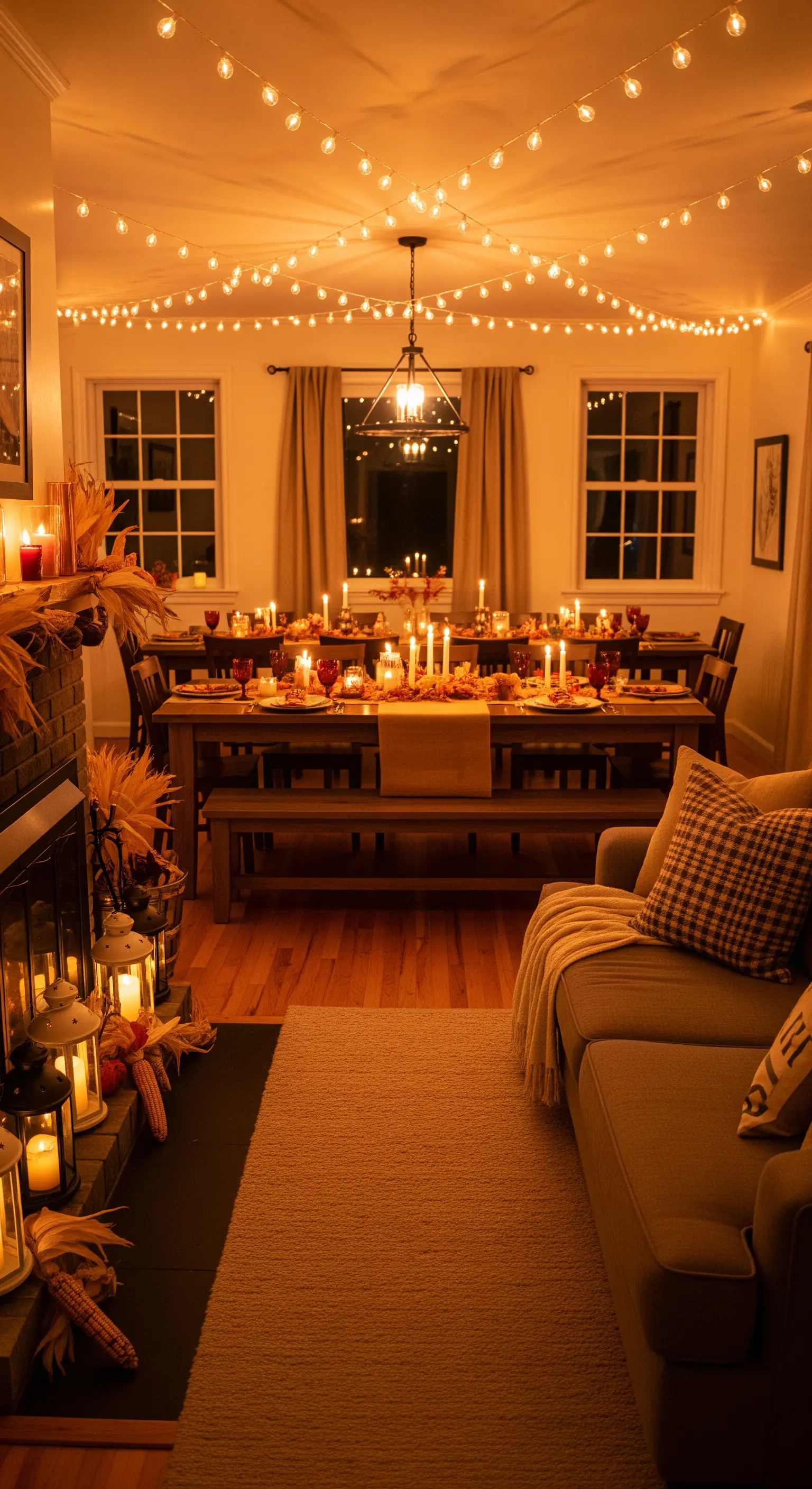 Festliches Esszimmer mit langen Tischen, Lichterketten und Kerzendekoration