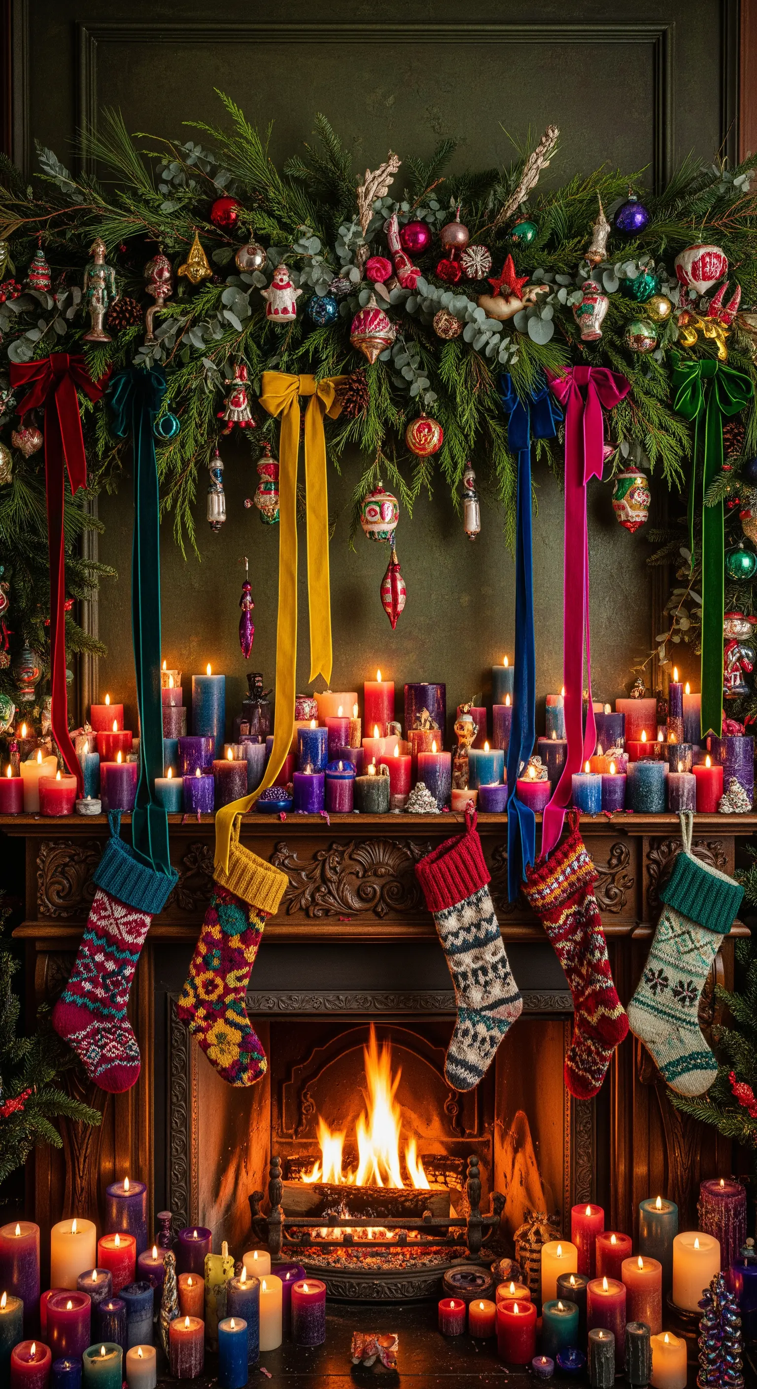 Üppig dekorierter Kamin mit bunter Girlande, farbigen Kugeln, Bändern und vielen Kerzen