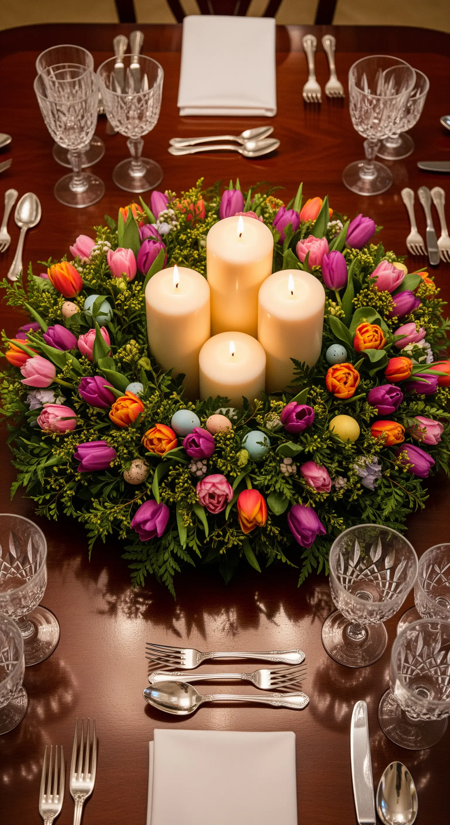 Tischdeko: Tulpenkranz mit Kerzen und Ostereiern