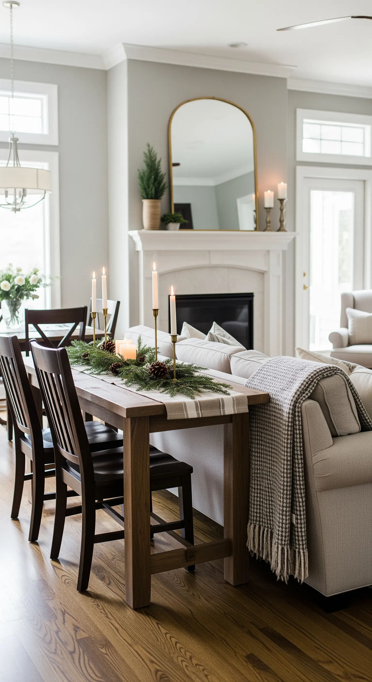 Holztisch hinter dem Sofa mit Tannengrün-Läufer und hohen Kerzen