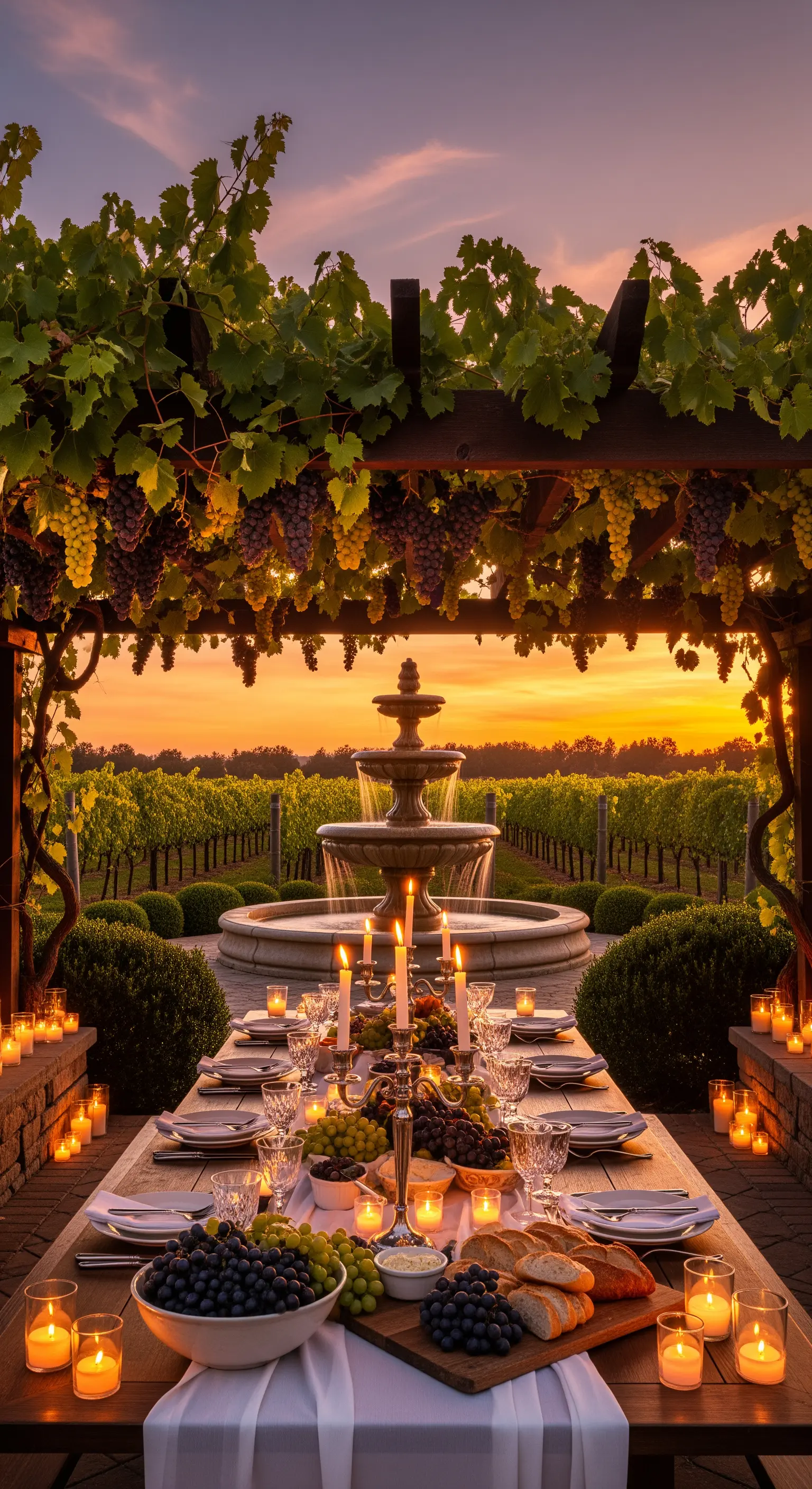 Festtafel unter Weinpergola mit Brunnen und Weinbergblick bei Sonnenuntergang