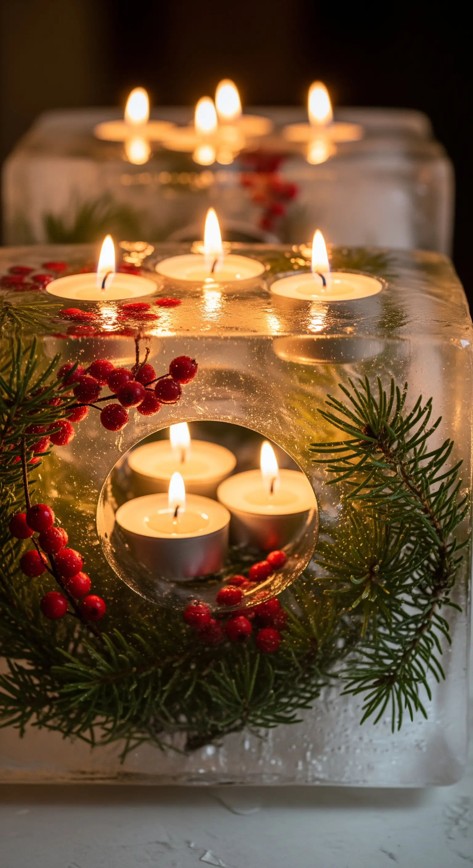 Teelichter in einem Eisblock, in dem Tannenzweige und rote Beeren eingefroren sind.