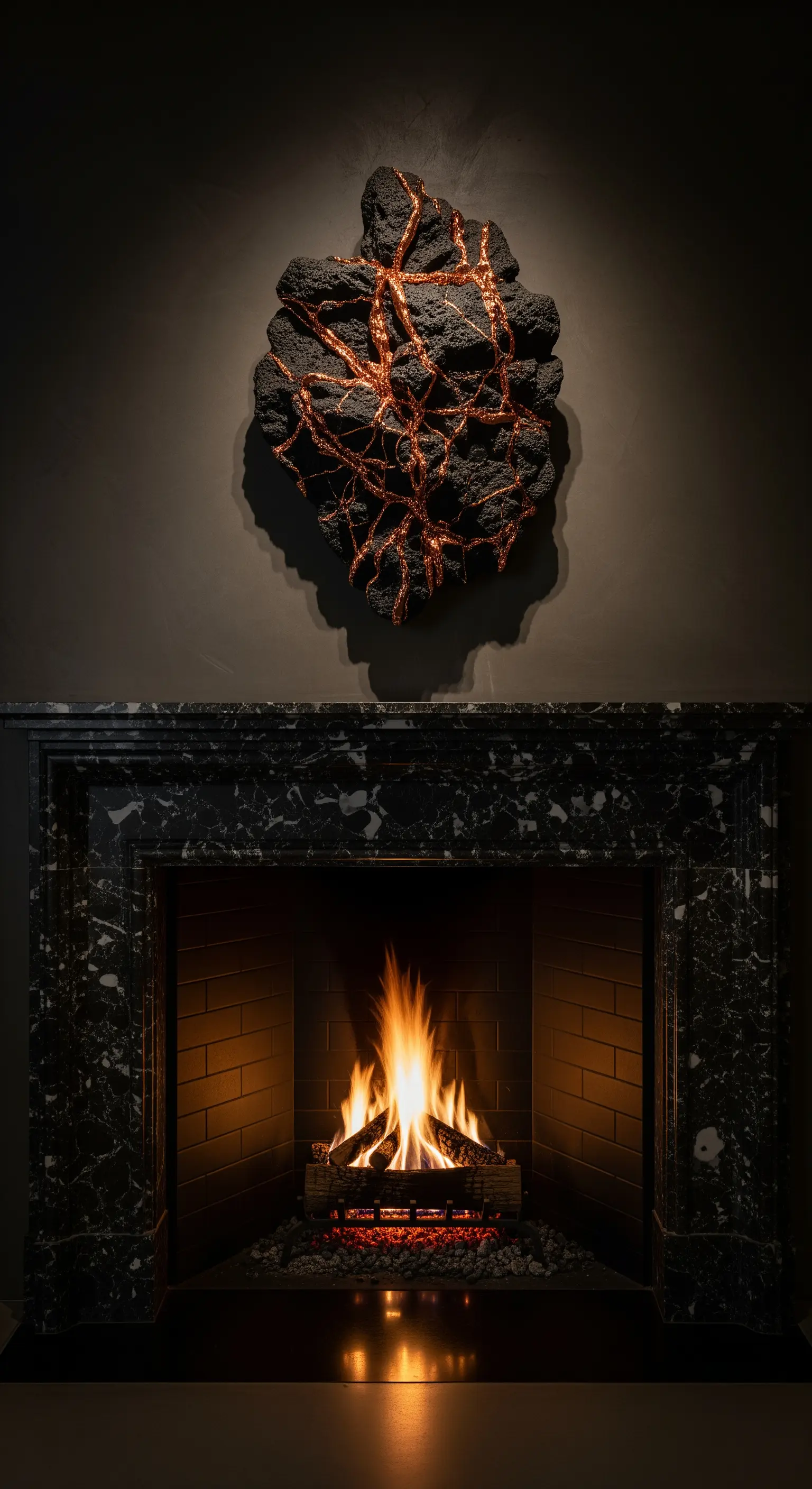 Wandskulptur aus dunklem Material und Kupfer über Marmorkamin.