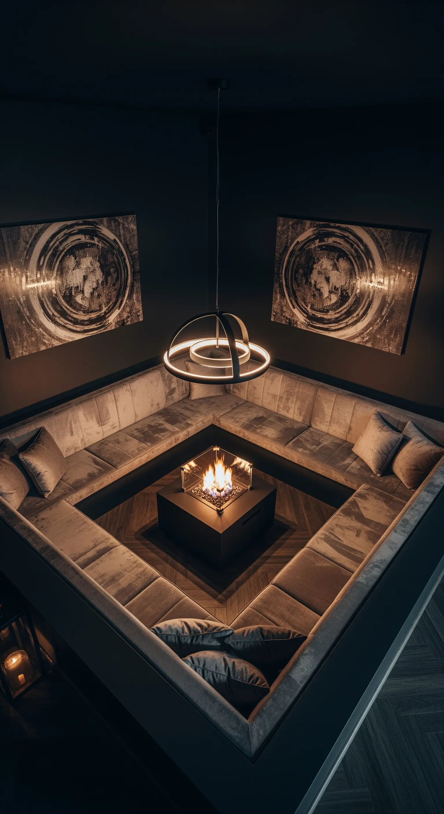 Eine quadratische, vertiefte Sitzlounge aus beigem Samt umgibt einen modernen Gaskamin