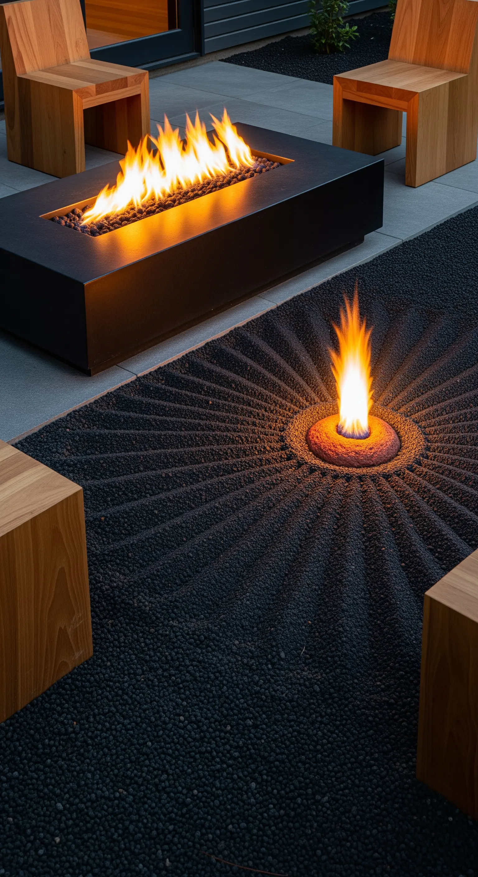 Moderner Garten mit Feuerstelle und radialem Muster in schwarzem Kies.