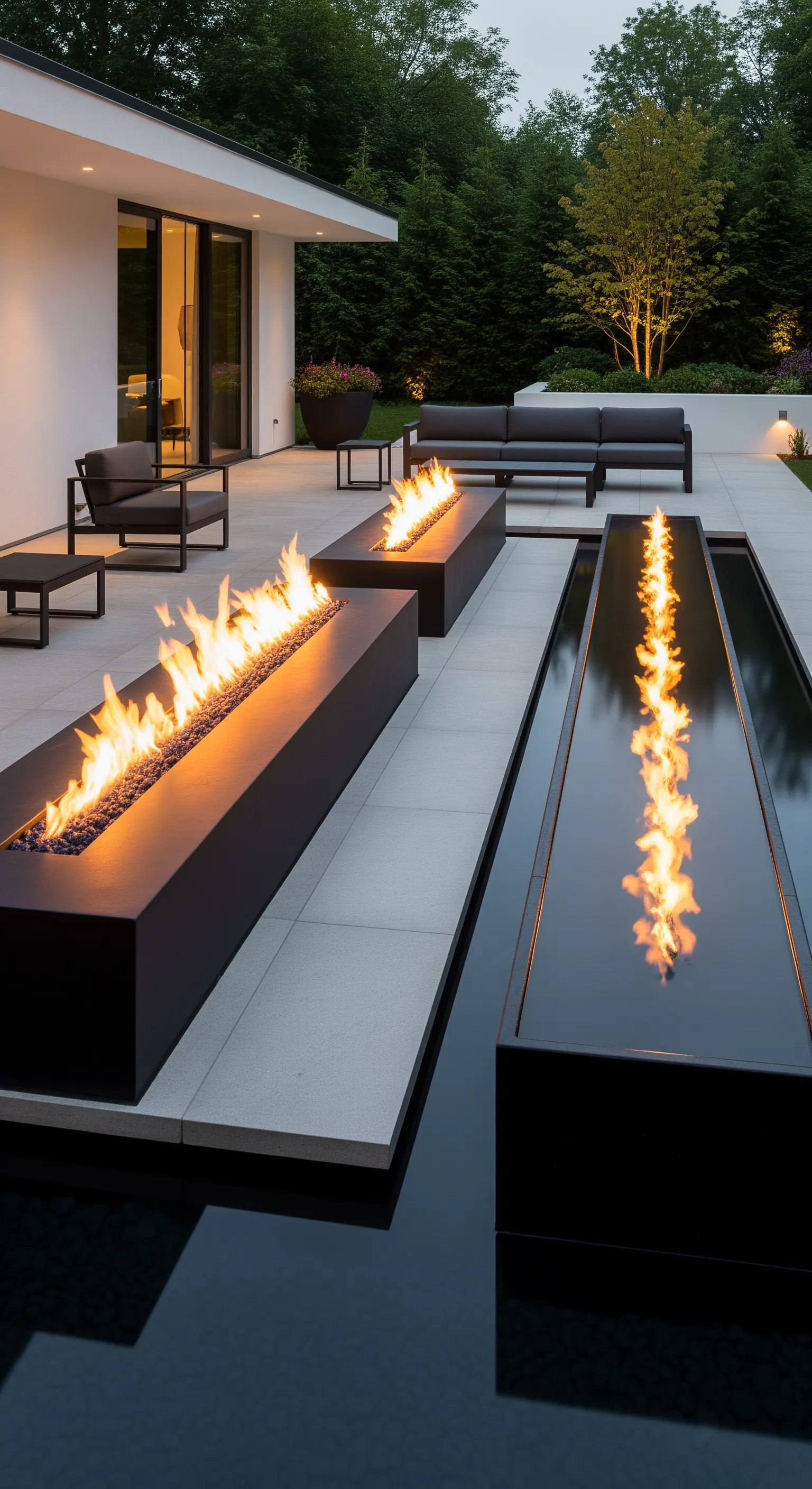 Moderne Terrasse mit langen, schwarzen Feuerstellen parallel zu spiegelnden Wasserkanälen.