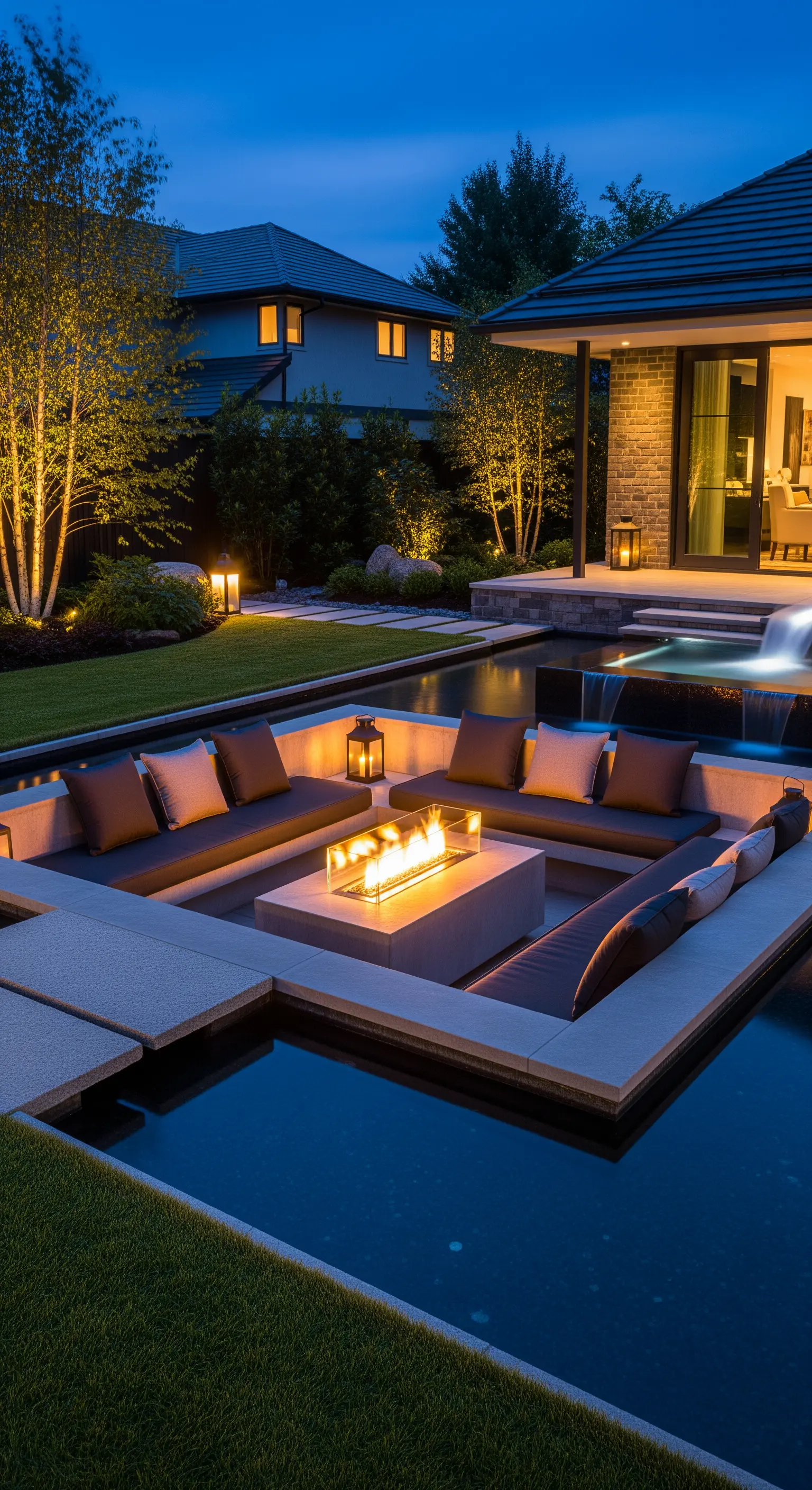 Eine versunkene Feuerstelle, die von einem dunklen Wasserbecken umgeben ist.