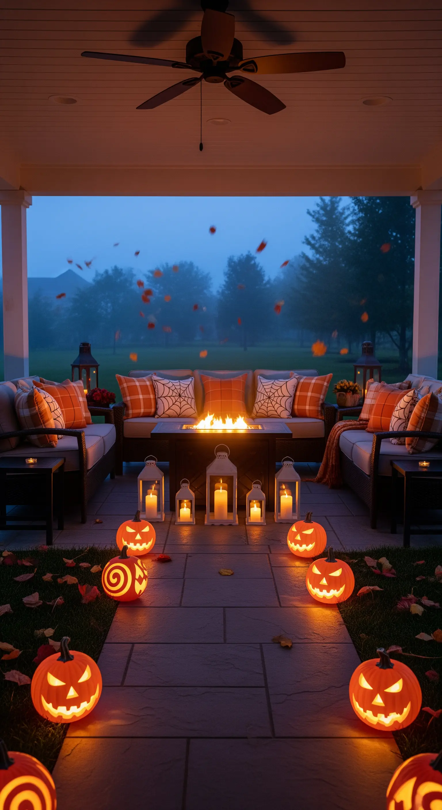 Terrasse mit Feuerstelle, orangefarbenen Kissen, Windlichtern und leuchtenden Kürbissen im Nebel.