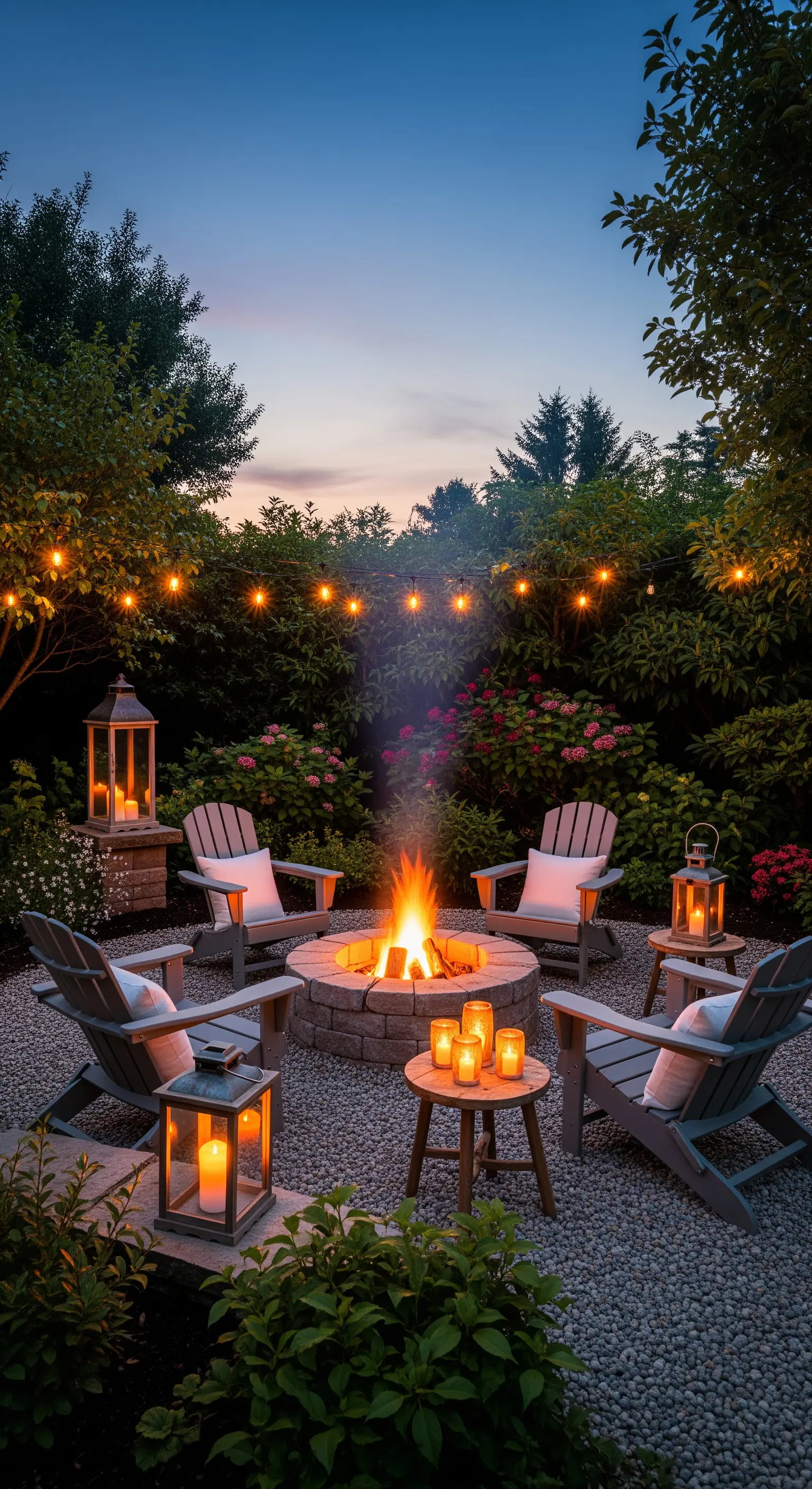 Feuerschale im Garten mit Adirondack-Stühlen, Lichterketten und Laternen