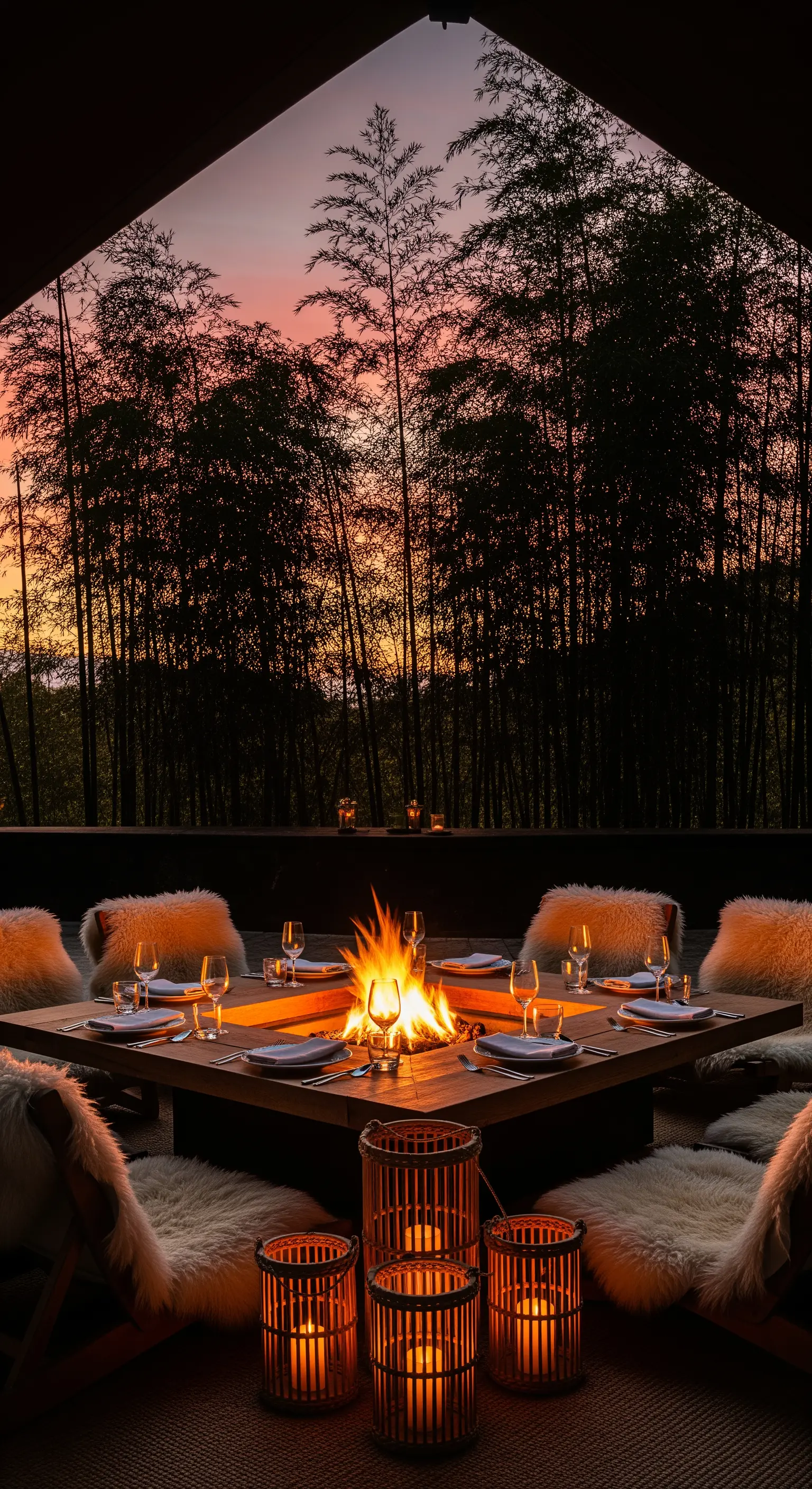 Esstisch mit Feuerschale, Fellsesseln und Bambuslaternen im Bambuswald