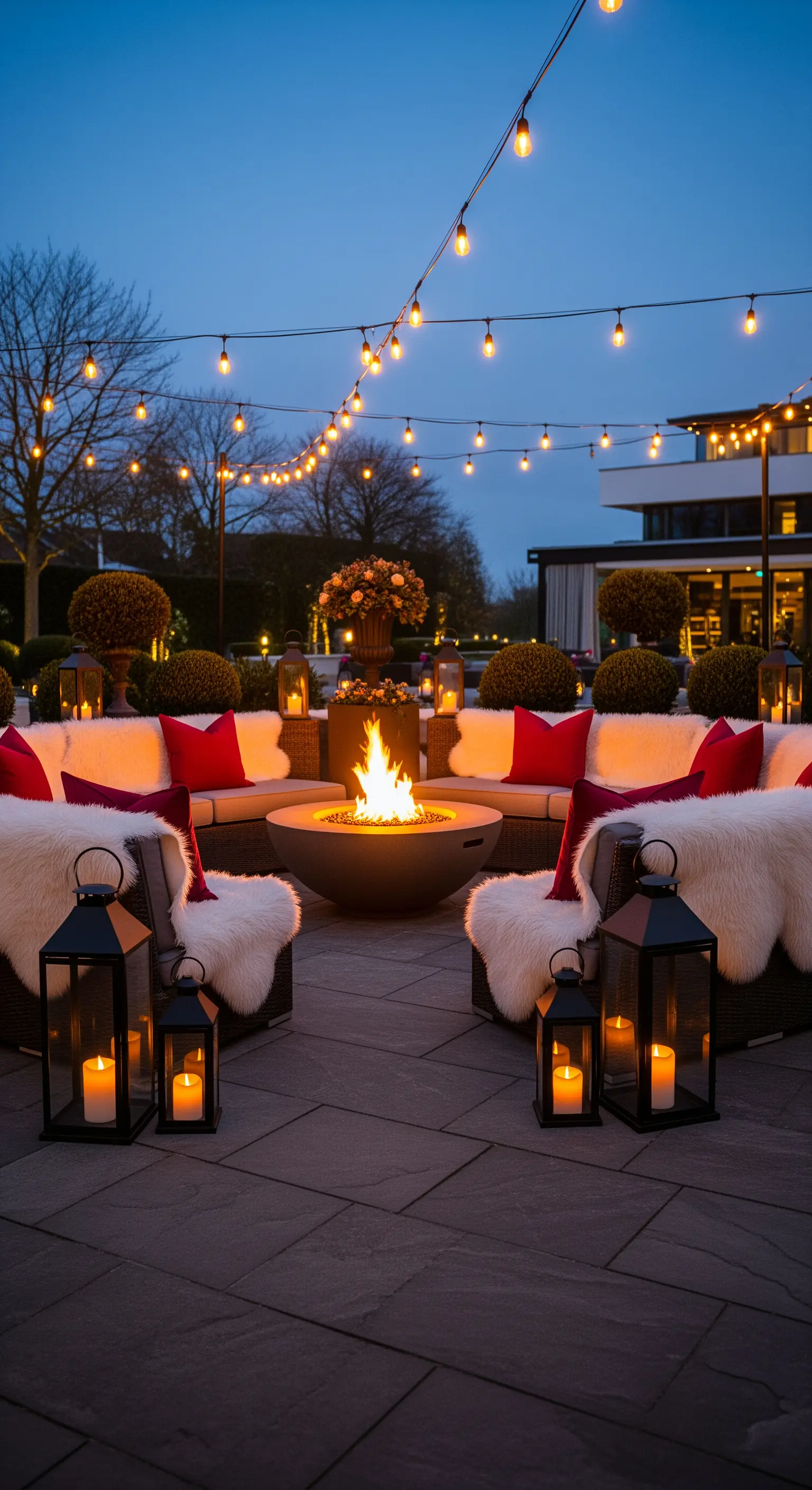 Außenterrasse mit Feuerstelle, Lounge-Möbeln, Laternen und Lichterketten