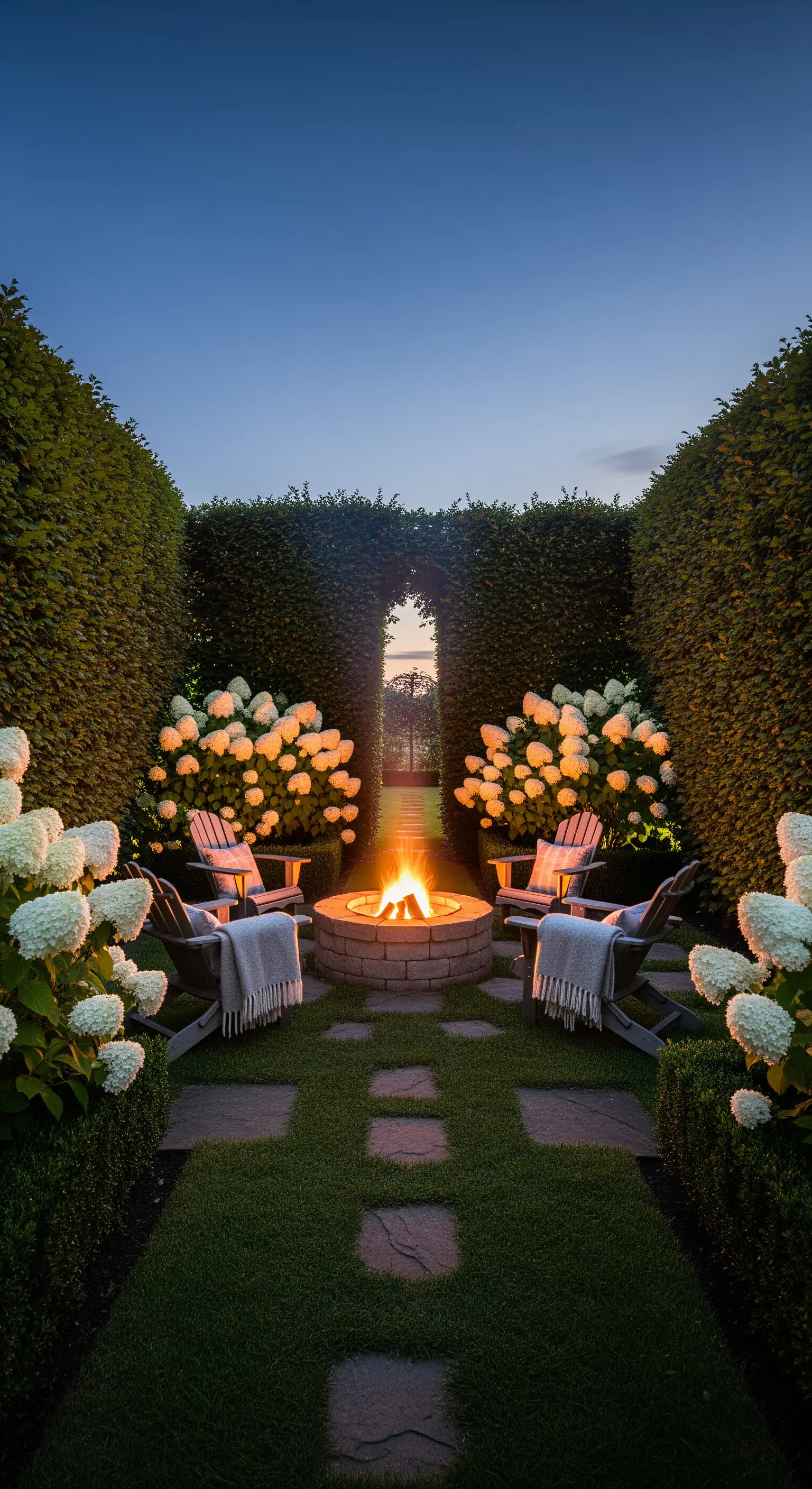 Feuerstelle mit Adirondack-Stühlen und Hortensien, umgeben von hohen Hecken