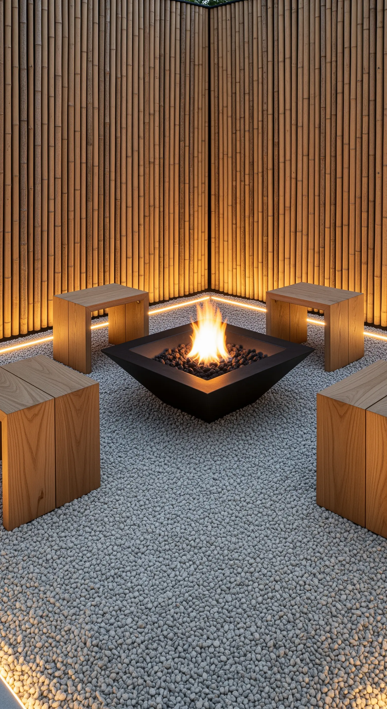 Japandi Feuerstelle mit Kies, Holzhockern, Bambuswand und indirekter Beleuchtung
