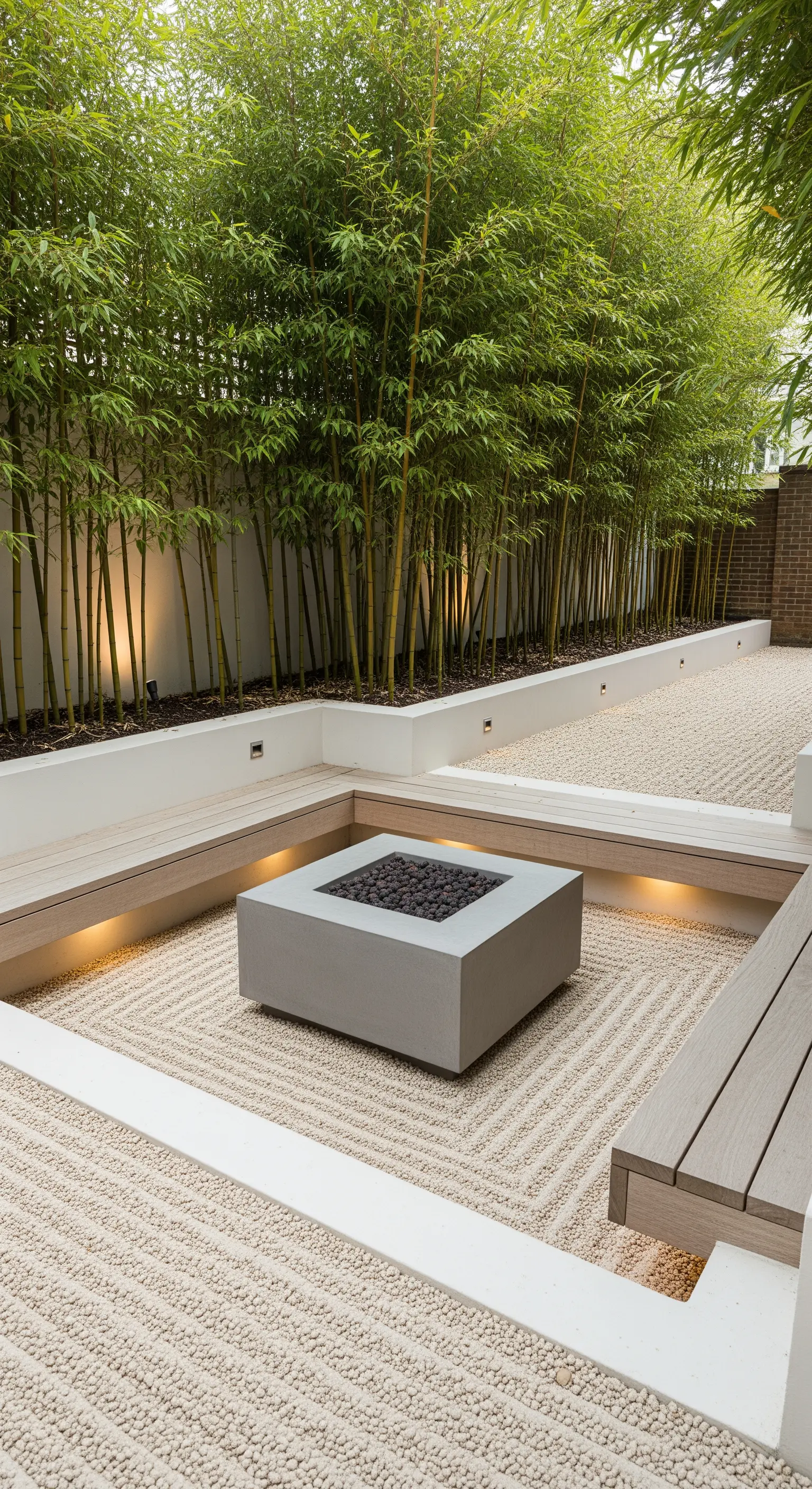 Moderne Feuerstelle in Zen-Garten mit Holzbank und Bambus-Hintergrund