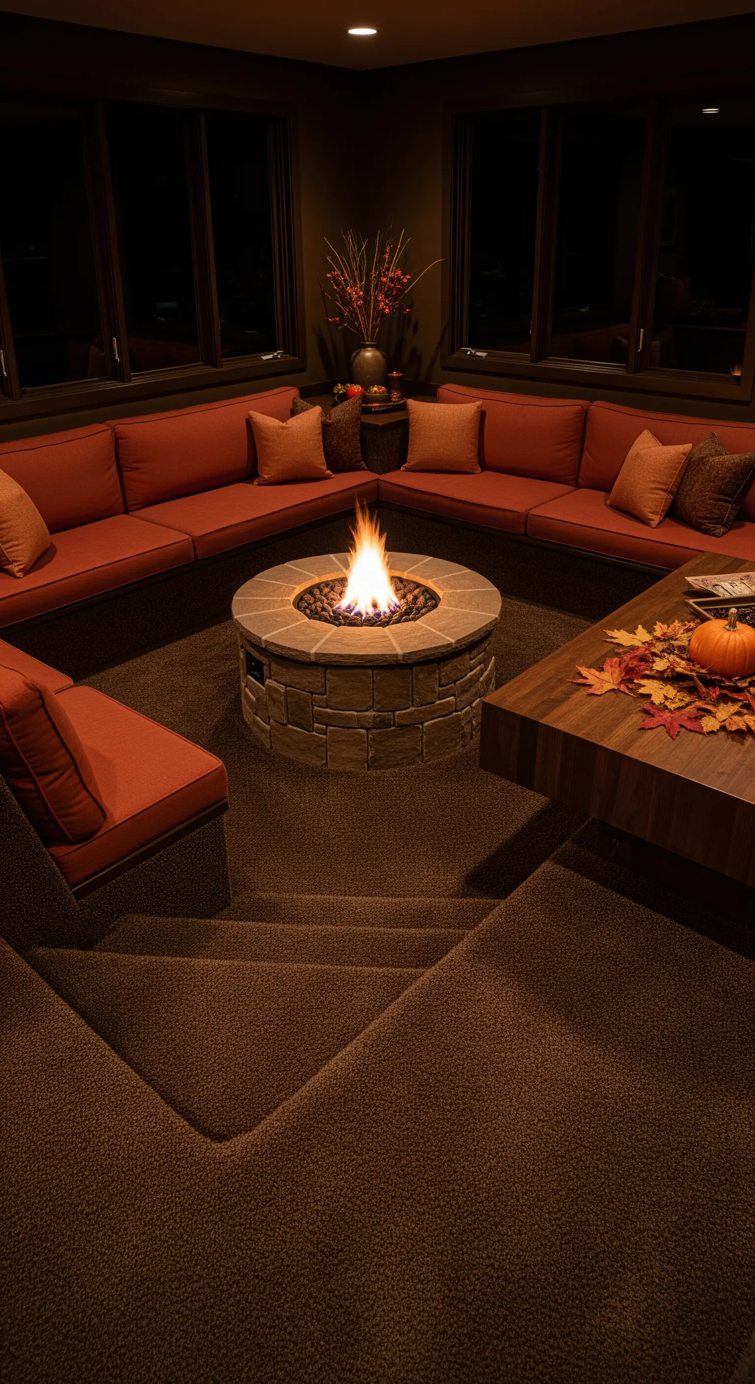 Lounge-Bereich mit Feuerstelle, tiefen Sitzbänken und herbstlicher Tischdeko