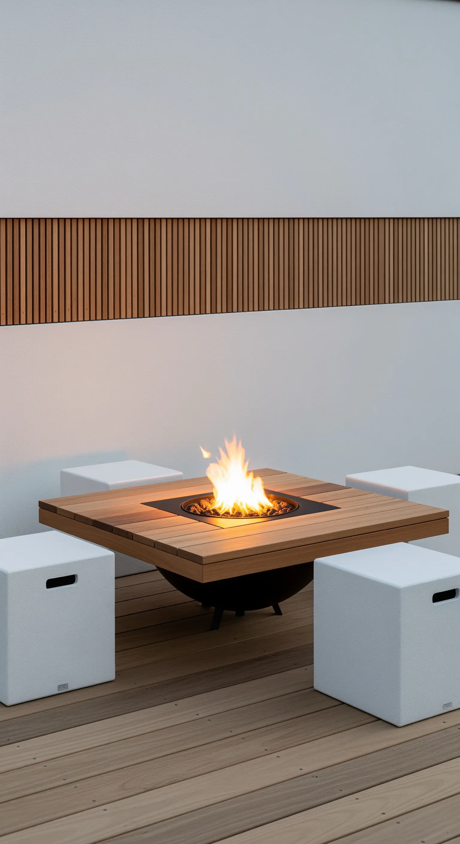 Moderne Feuerstelle mit Holztisch und weißen Hockern auf Holzterrasse.