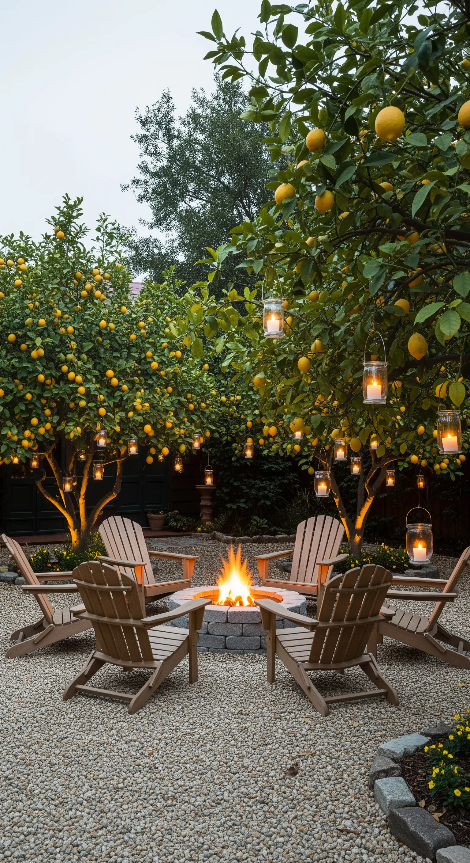 Feuerstelle umgeben von Adirondack-Stühlen, Zitronenbäumen und hängenden Laternen