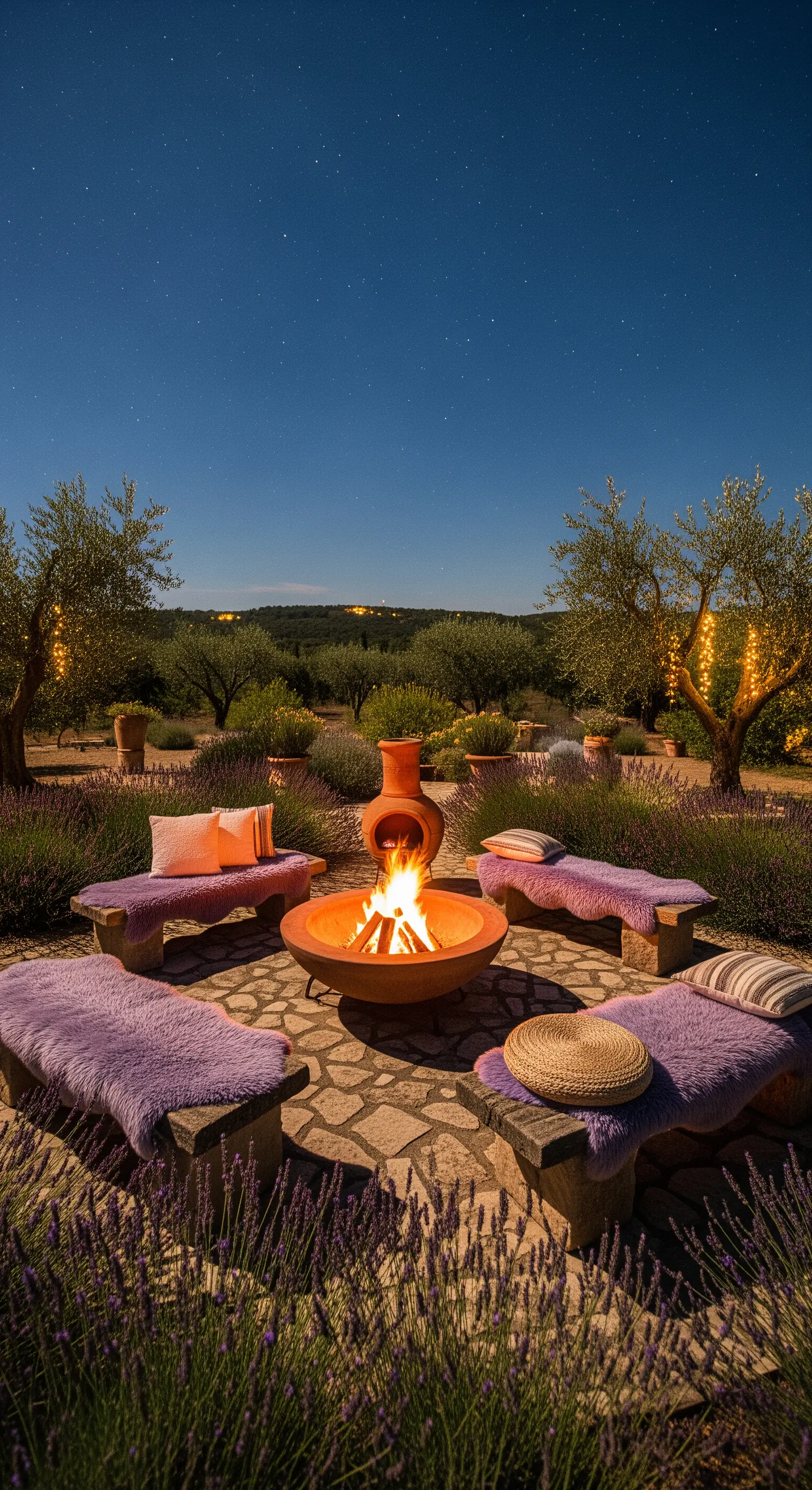 Feuerstelle umgeben von Steinbänken mit Fellen und Lavendelpflanzen