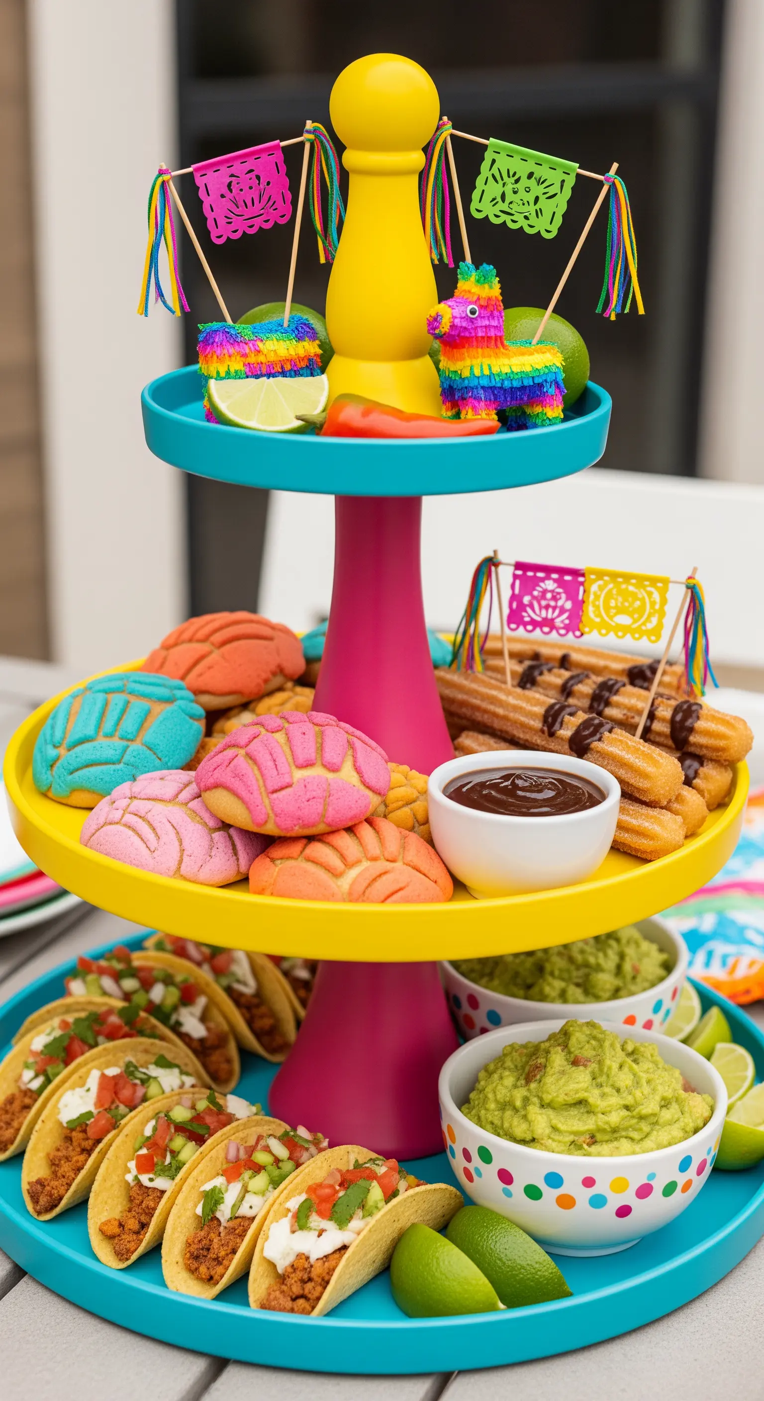 Bunte Etagere im Fiesta-Stil mit Tacos, Churros und Mini-Piñatas.
