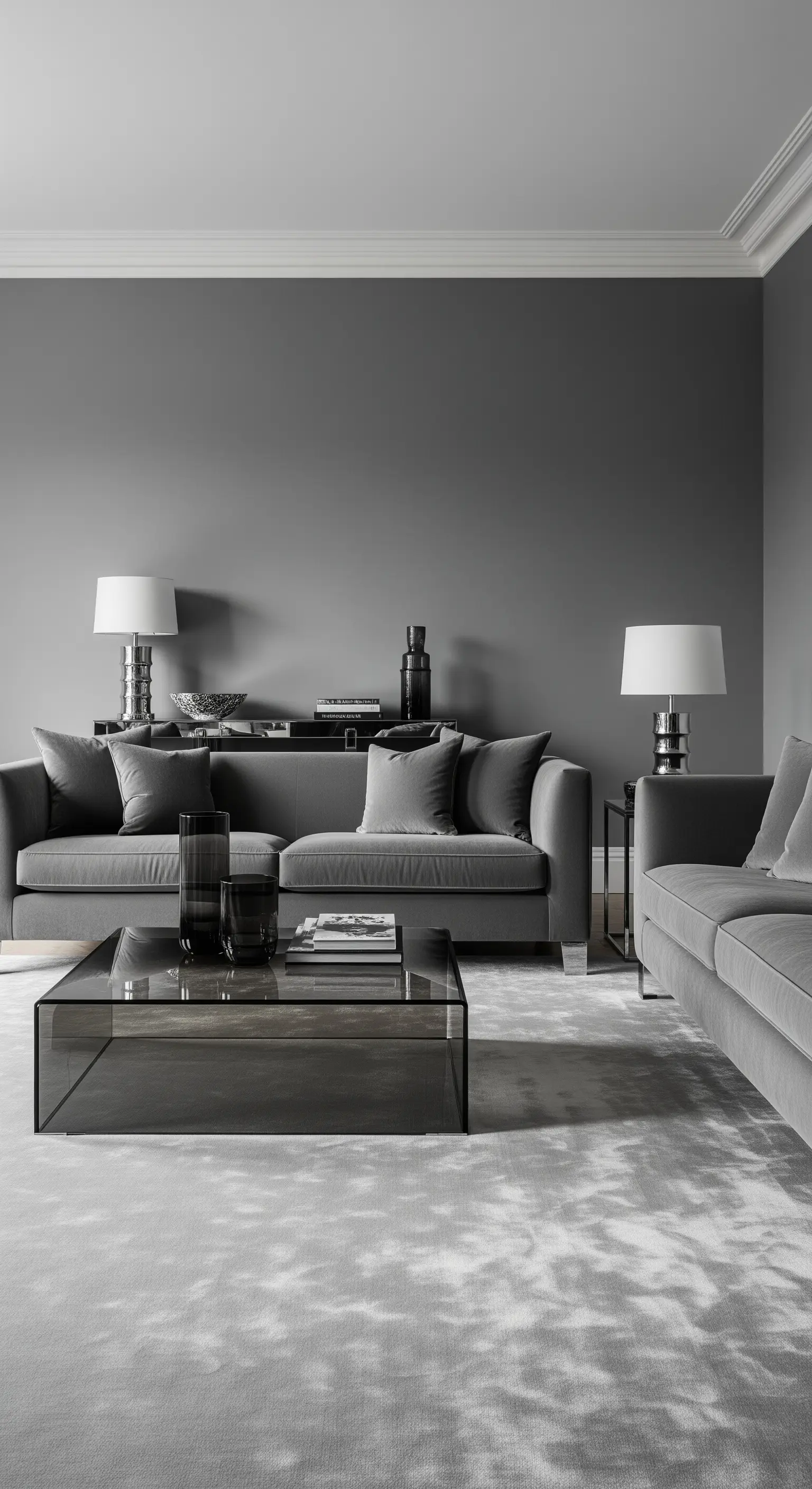Ein elegantes, monochromes Wohnzimmer, das vollständig in verschiedenen Grautönen gehalten ist.