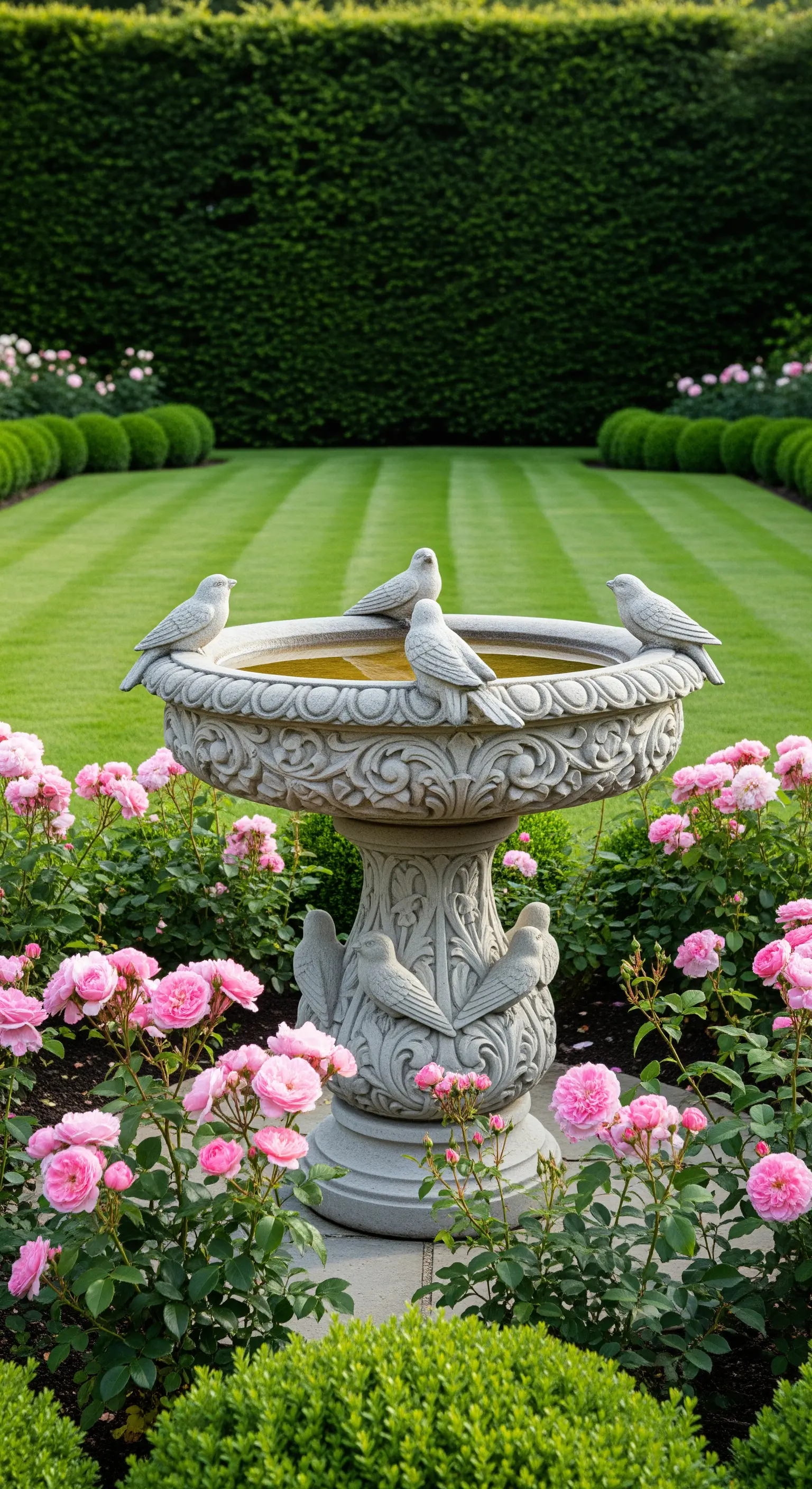 Figürliche Vogeltränke aus Steinguss, umgeben von rosa Rosen und gepflegtem Rasen