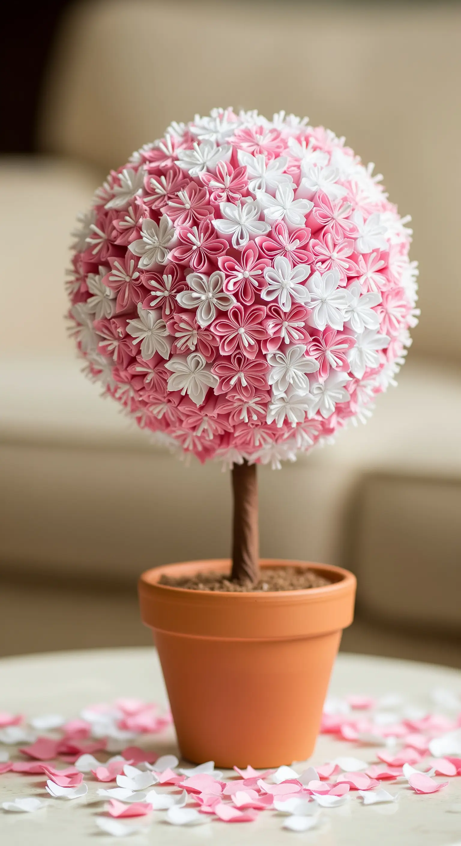Blütenkugel aus weißen und rosa Papierblumen in einem Terrakottatopf auf einem Tisch