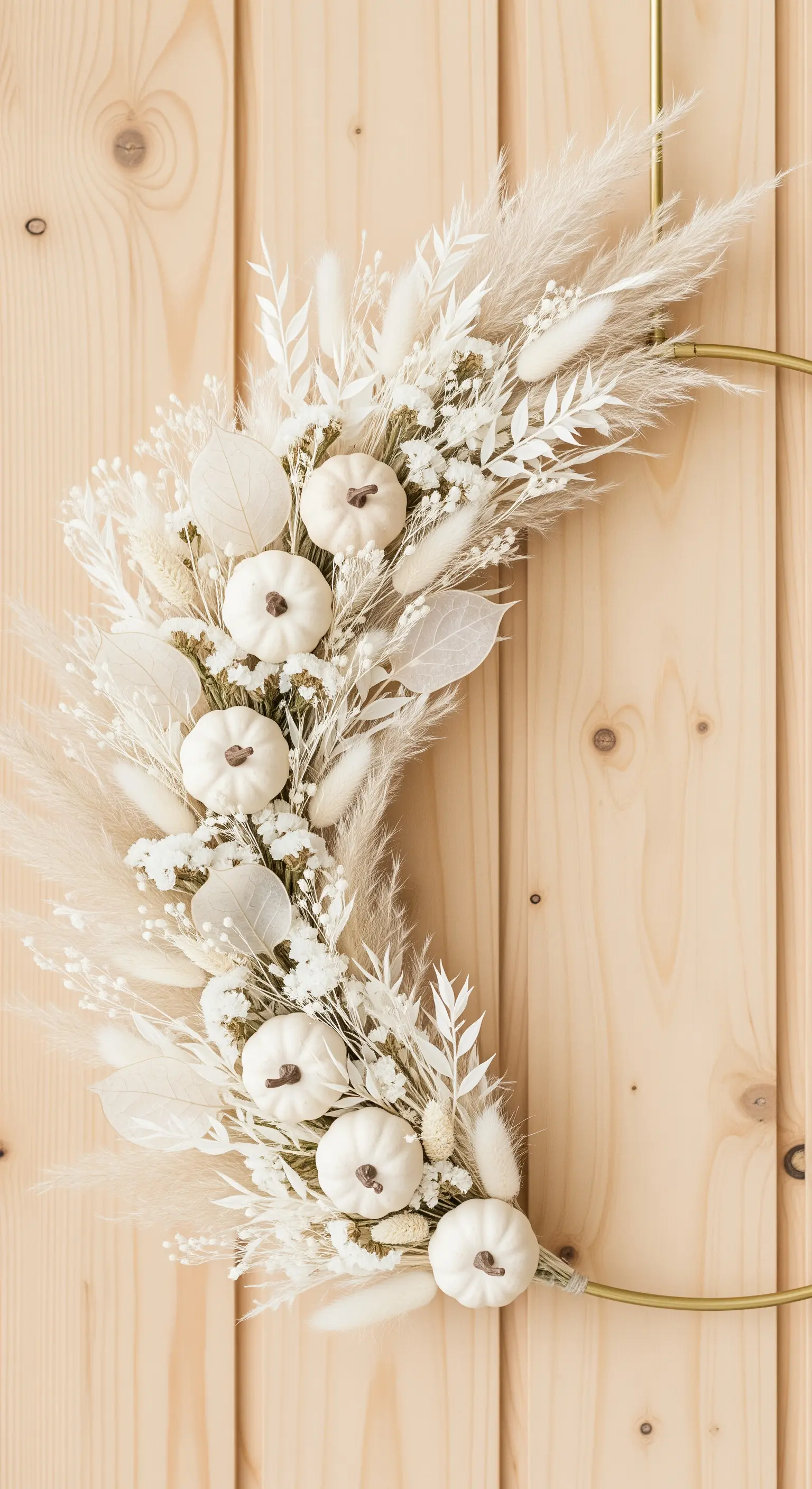 Moderner Kranz aus einem Goldring, dekoriert mit weißen Trockenblumen und Mini-Kürbissen.