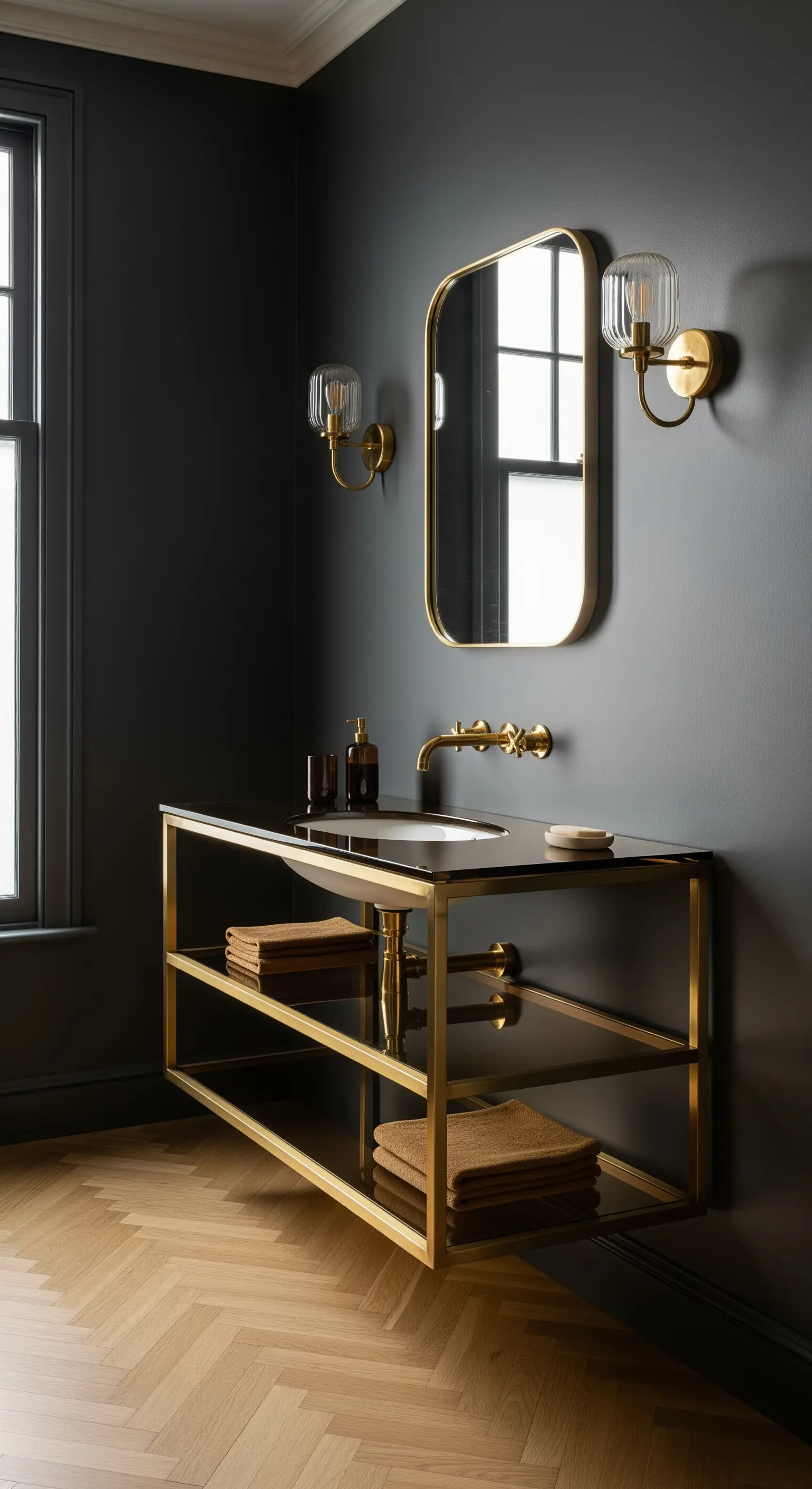 Schwebender Waschtisch aus Messing und Glas vor einer dunkelgrauen Wand.