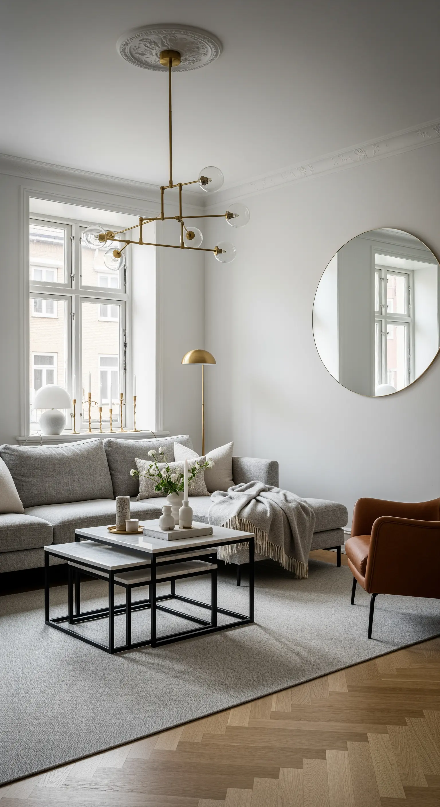 Helles, skandinavisches Wohnzimmer mit einer modernen goldenen Deckenleuchte und einem runden Spiegel.