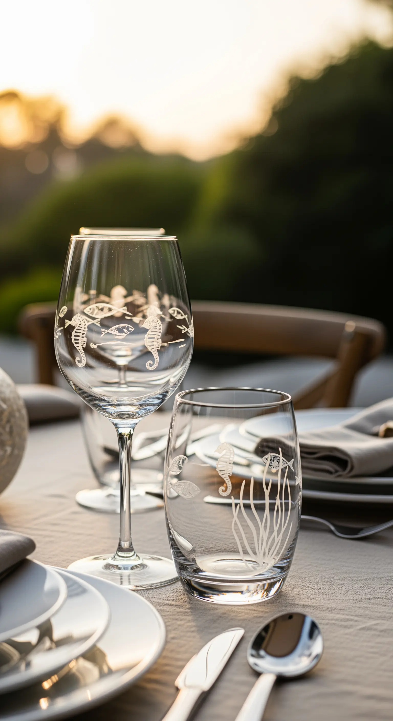 Nahaufnahme von Weingläsern mit eingravierten Seepferdchen- und Seegras-Motiven.