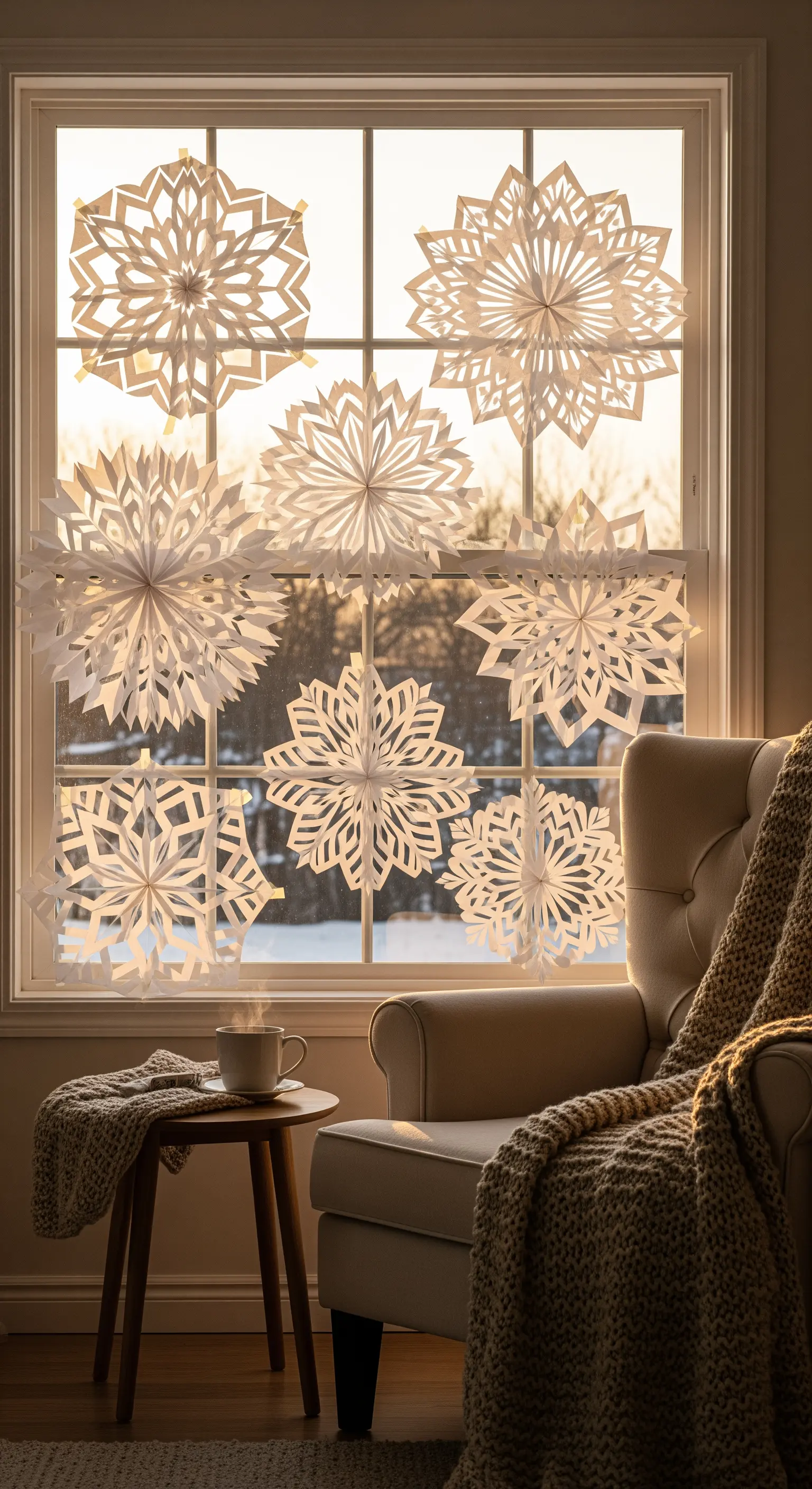 Fensterdekoration mit selbstgemachten Papier-Schneeflocken und gemütlichem Sessel