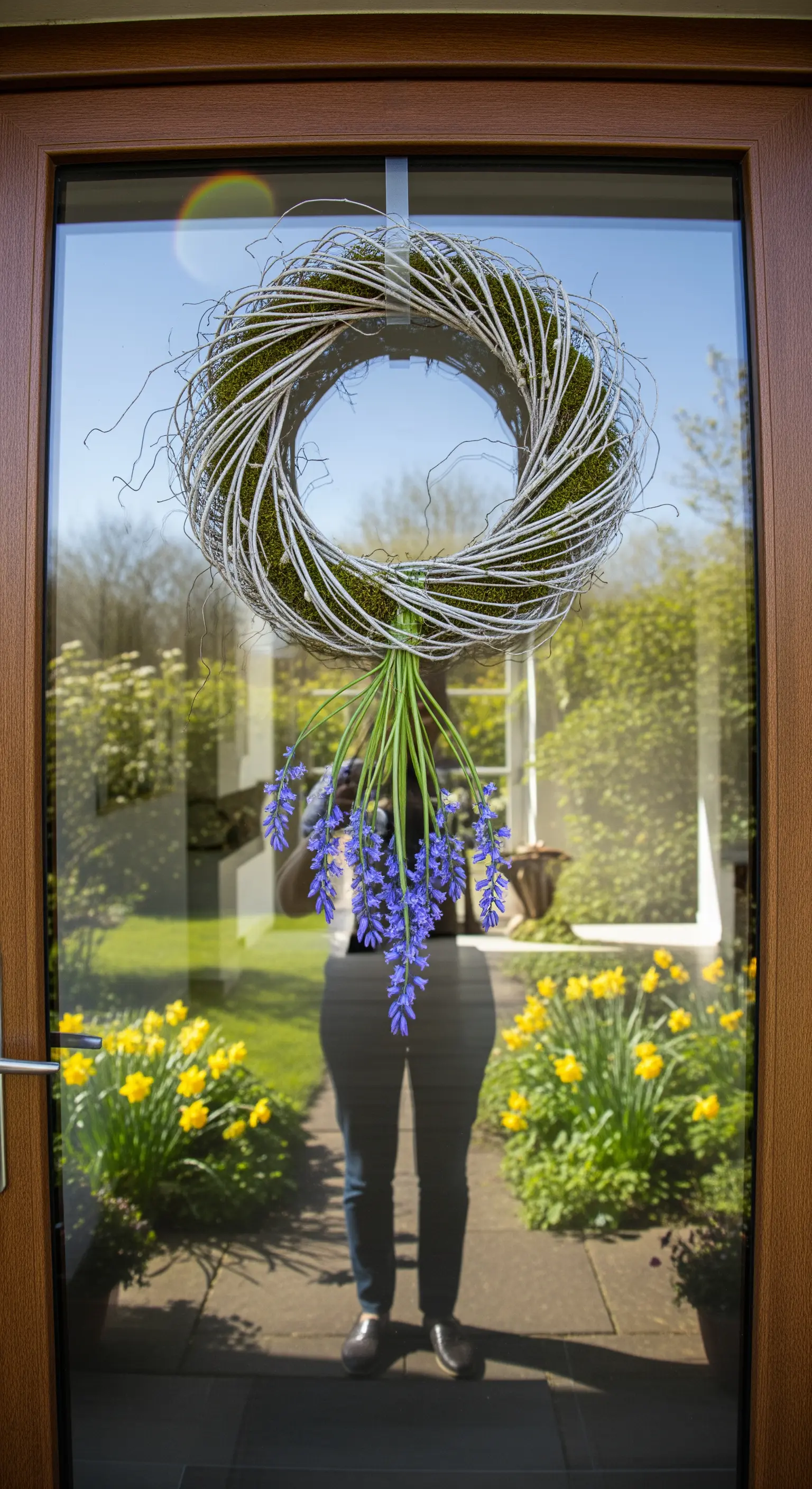 Weißer Zweigkranz mit hängenden blauen Blüten an Glastür